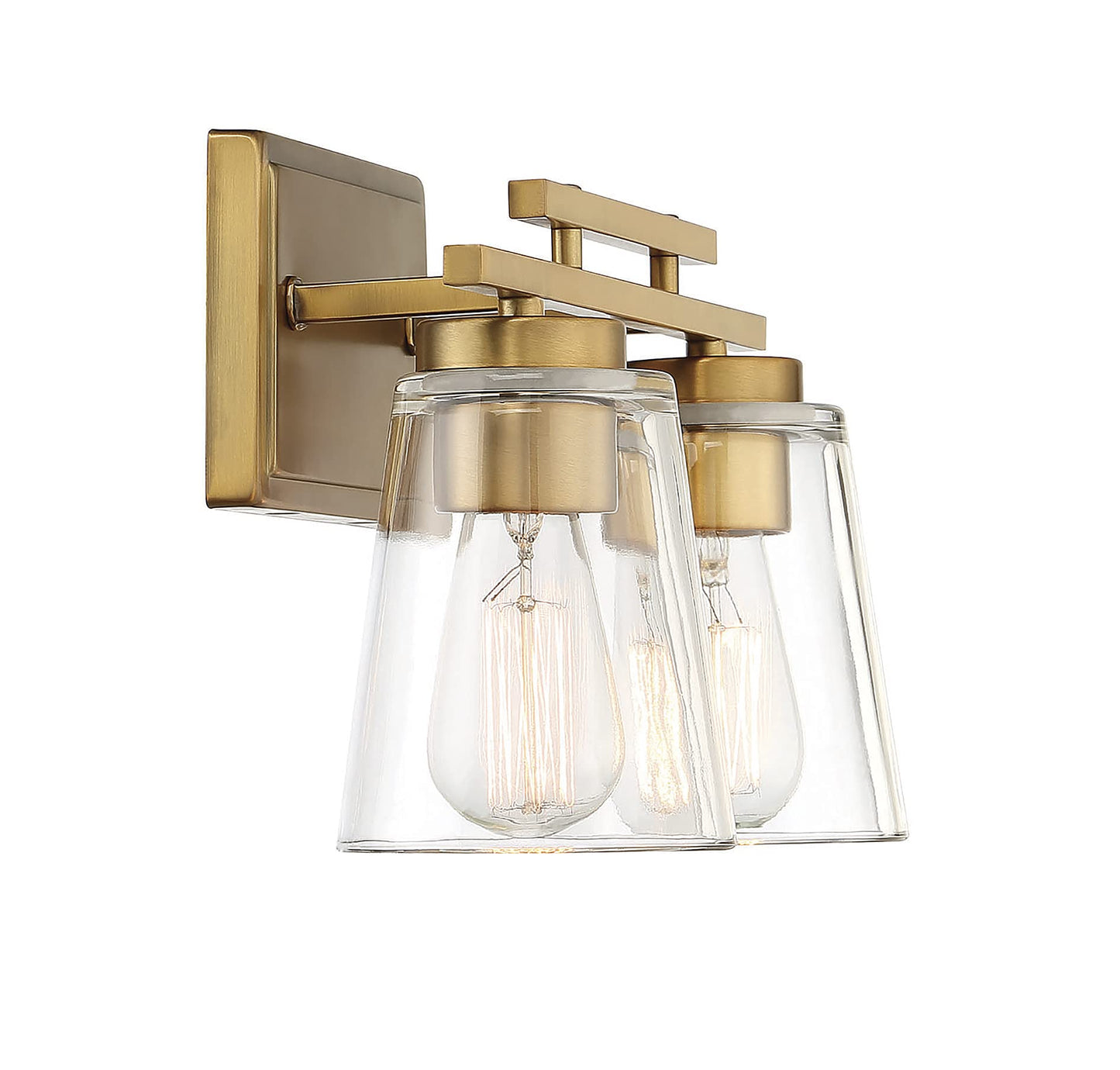 Savoy Essentials 8-1020-2-322 Calhoun Modern Clear Glass Bathroom Vanity Wall Light, 2-Light 120 Total Watts, 9" H x 15" W, Warm Brass