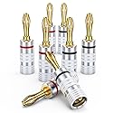 MOSWAG Banana Plugs for Speaker Wire (4 Pairs/8 pcs), Brass Speaker Connectors with Dual Set Screws, Black and Red Shell Banana Plugs for Home