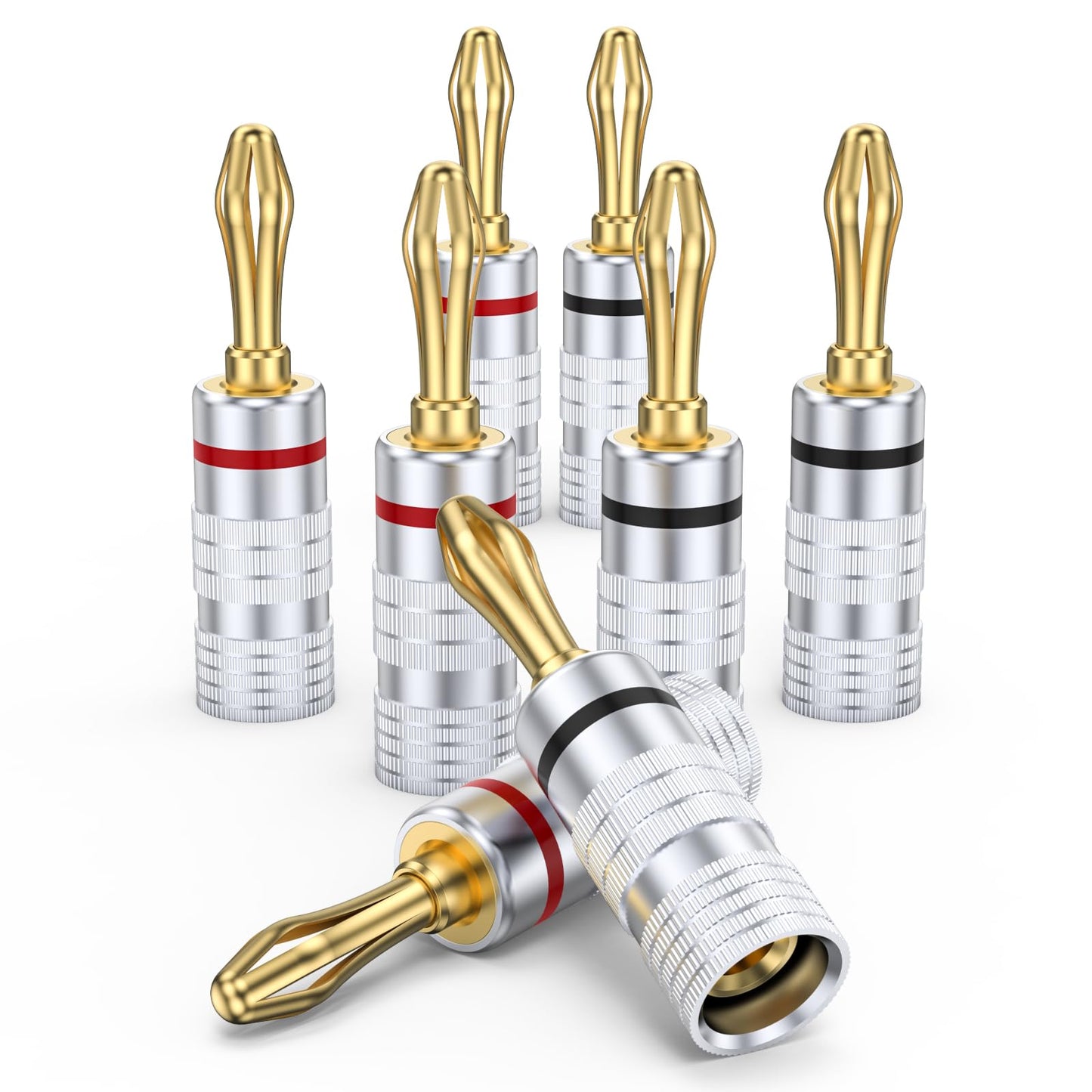 MOSWAG Banana Plugs for Speaker Wire (4 Pairs/8 pcs), Brass Speaker Connectors with Dual Set Screws, Black and Red Shell Banana Plugs for Home