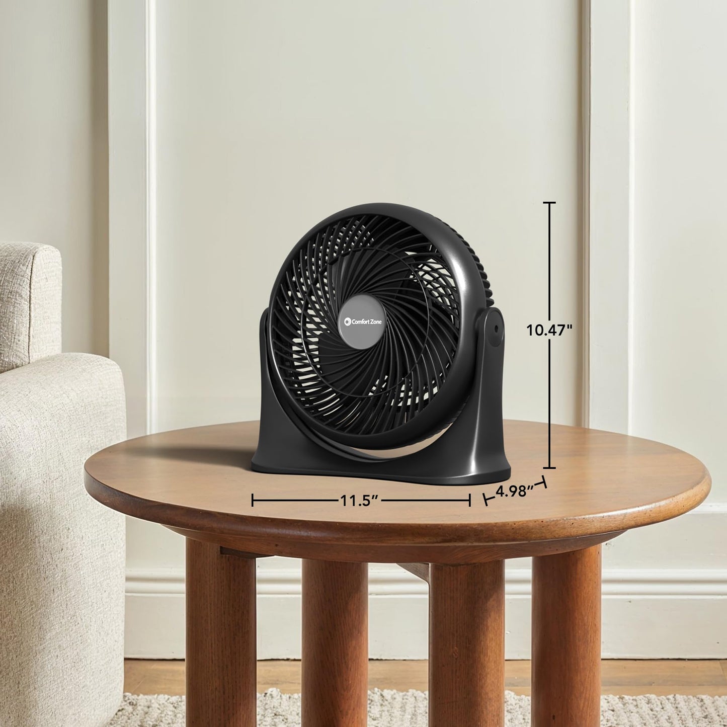 Comfort Zone 11-Inch Tabletop Air Circulator Fan - Quiet 3-Speed Personal Desk Fan with 7-Inch Blades, 90° Adjustable Tilt for Home, Office,