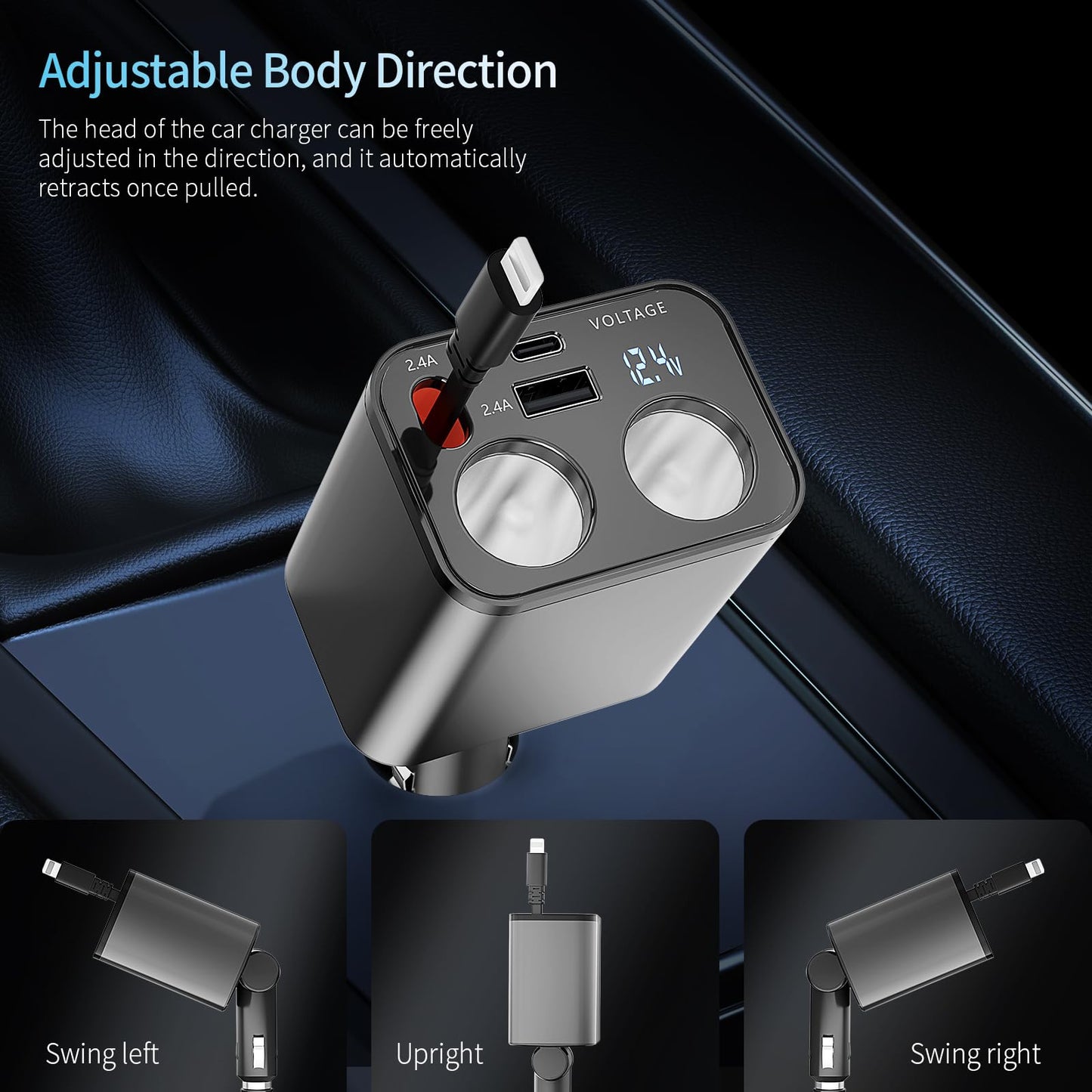 Paiholy 5 in 1 Retractable Car Charger Cigarette Lighter Splitter,159W Fast Car Charger with Retractable Cable,Dual USB Port&Dual Cigarette