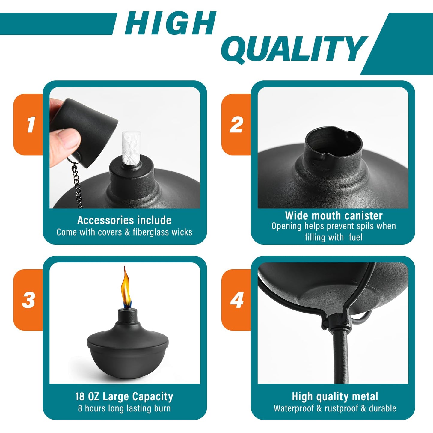 FAN-Torches Wall Mounted Citronella Torches Set of 6, 24 oz Garden Torches for Outside, Refillable Flame Light Torch, Outdoor Metal Torch for Yard