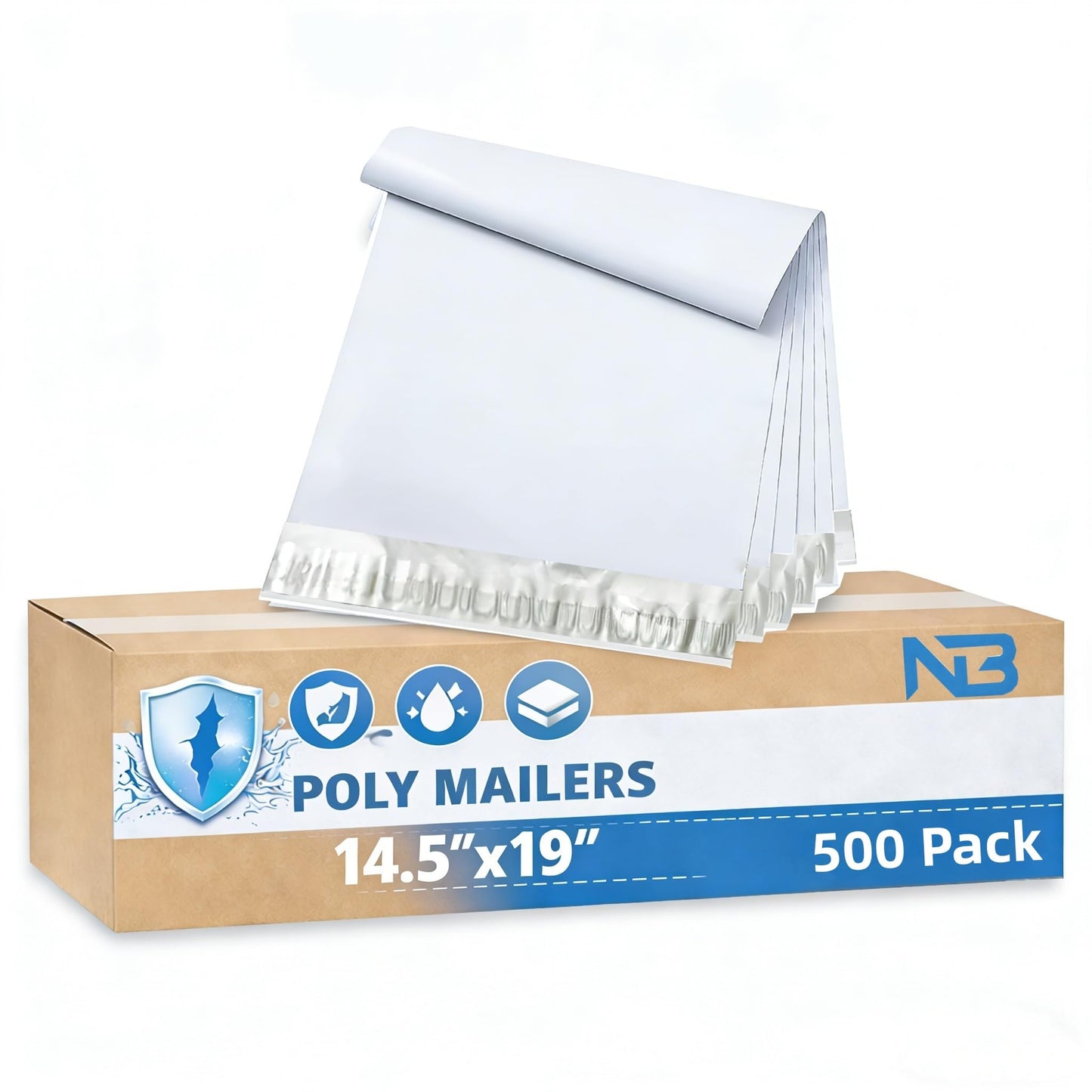 NB 14.5x19 Inch - 500 Pcs White Poly Mailers Strong Adhesive Self-Seal Shipping Envelopes, Tear & Water Resistant Packaging for E-Commerce and Small