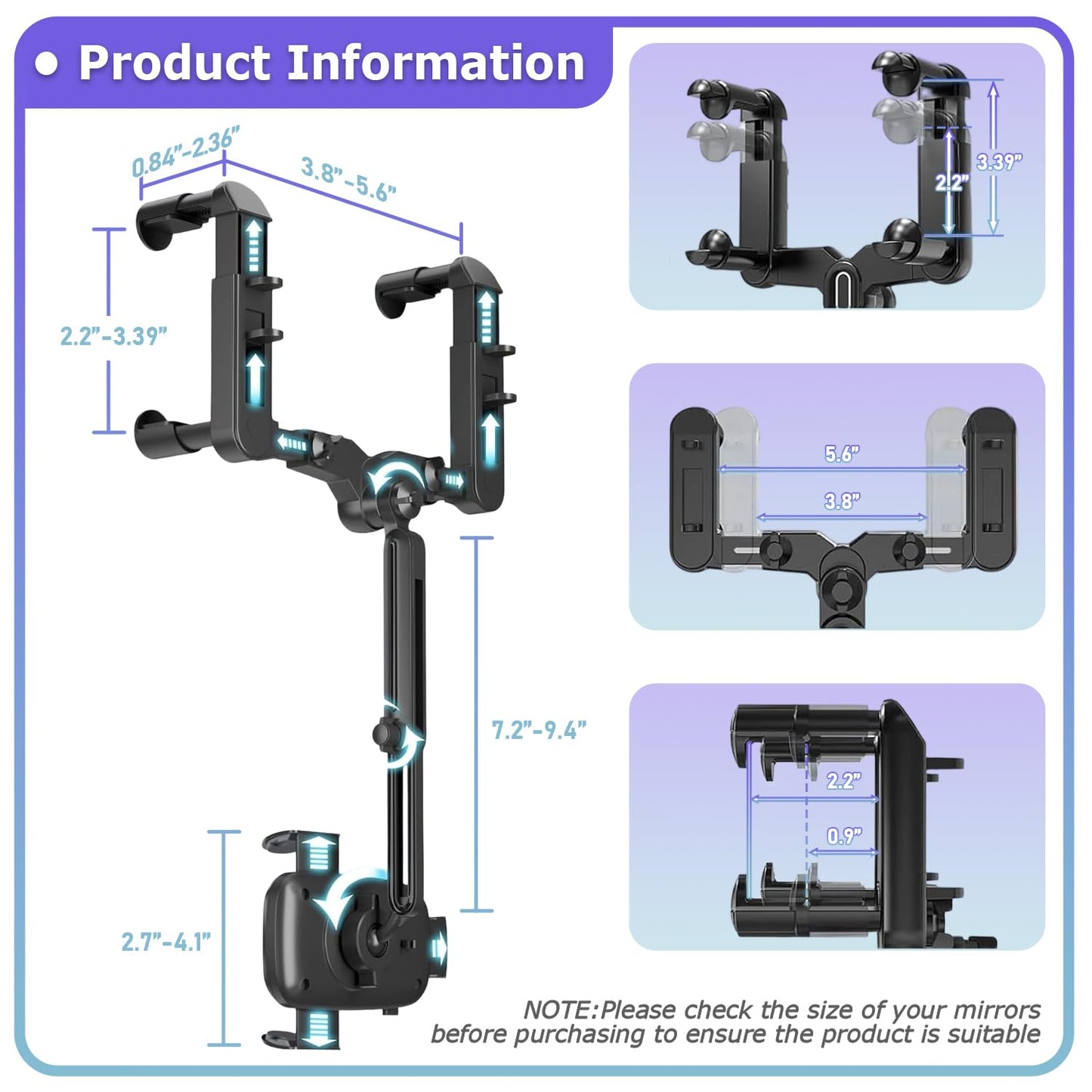 WUITIN Car Phone Mount, 360 Rotatable and Retractable, Anti-Shake Design, Compatible with Samsung, iPhone, Sony