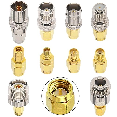 Kaunosta SMA Adapter Kit 10PCS,SMA Male to UHF, BNC, RPSMA, TV, MCX, F-Type, N, TNC, SMB, Nickel Gold-Plated RF Connectors for Antennas and Wireless