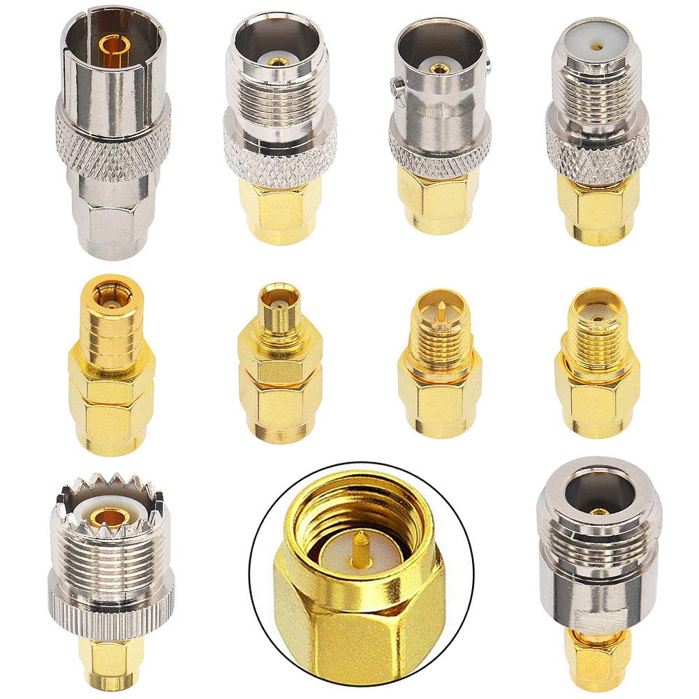 Kaunosta SMA Adapter Kit 10PCS,SMA Male to UHF, BNC, RPSMA, TV, MCX, F-Type, N, TNC, SMB, Nickel Gold-Plated RF Connectors for Antennas and Wireless