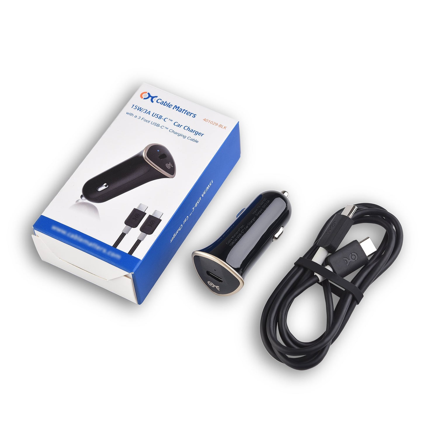 Cable Matters 15W / 3A USB-C Car Charger with a 3 ft USBC to USBC Cable (USB Type C Car Charger) in Black, Compatible with iPhone 16/15 Pro Max Plus