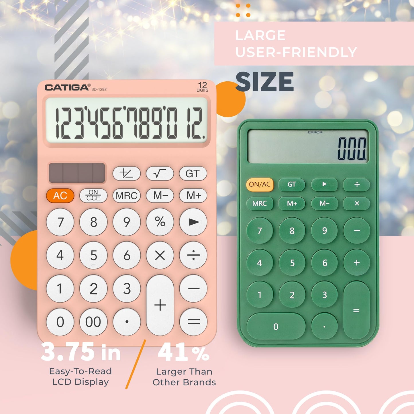 CATIGA 12 Digit Desktop Calculator Basic Desk Calculator with Large LCD Display, Big Buttons, 4 Function, Solar and Battery Dual Power, for Office