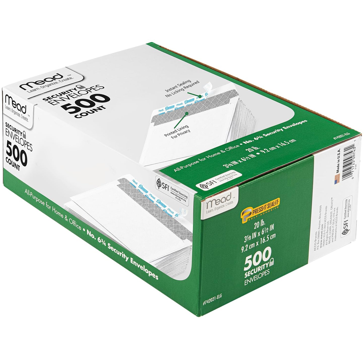 Mead #6-3/4 Envelopes, 3-5/8" x 6-1/2", Security Printed Lining for Privacy, Press-It Seal-It Self Adhesive Closure, White All-Purpose 20-lb Paper