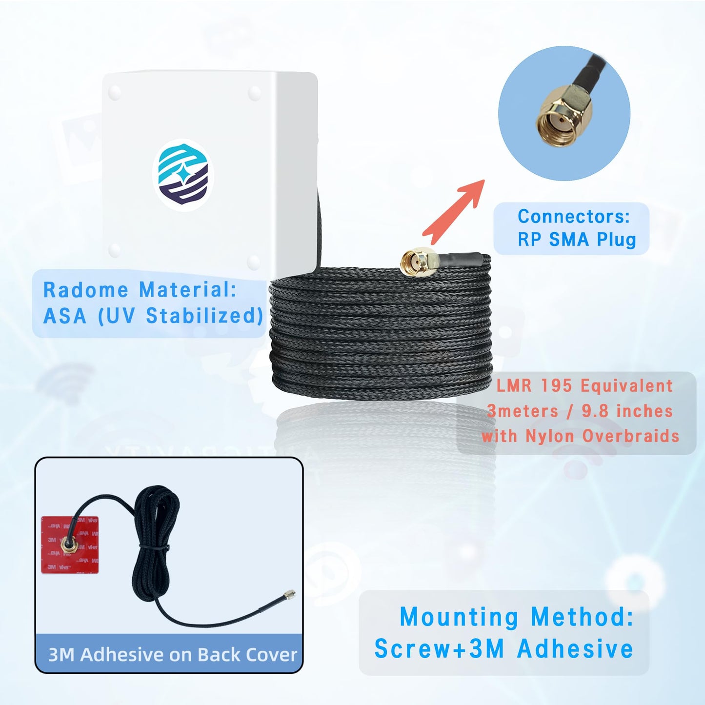 Maswell WiFi 6E Antenna 2.1-7.2 GHz Screw and 3M Adhesive Mount IP67 9.8 inches with Nylon overbraids Cable for WiFi 5 WiFi 6 WiFi 6E Wimax Bluetooth