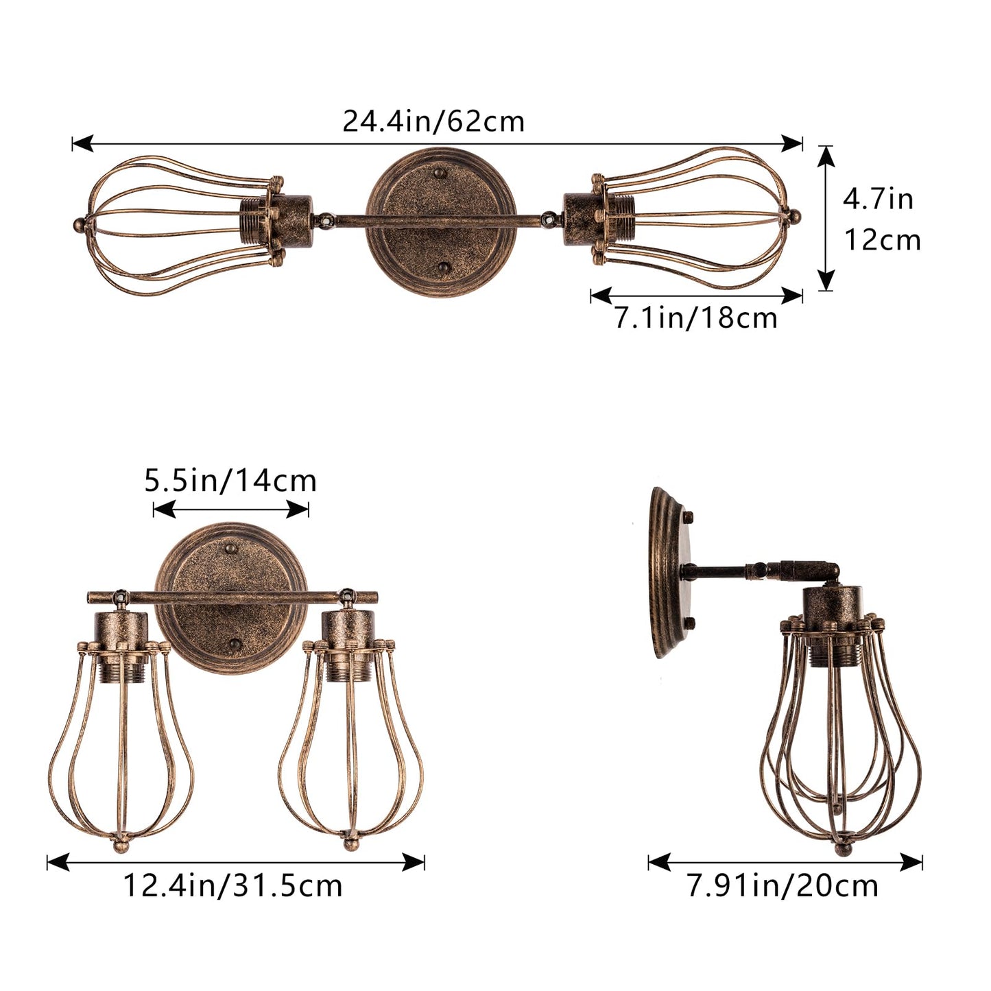 Vintage Wall Lamp Adjustable Industrial Rustic Wire Cage Wall Light Retro Style Indoor Lighting Fixture ;Moonkist (with 2 Light) (Oil Rubbed Bronze)
