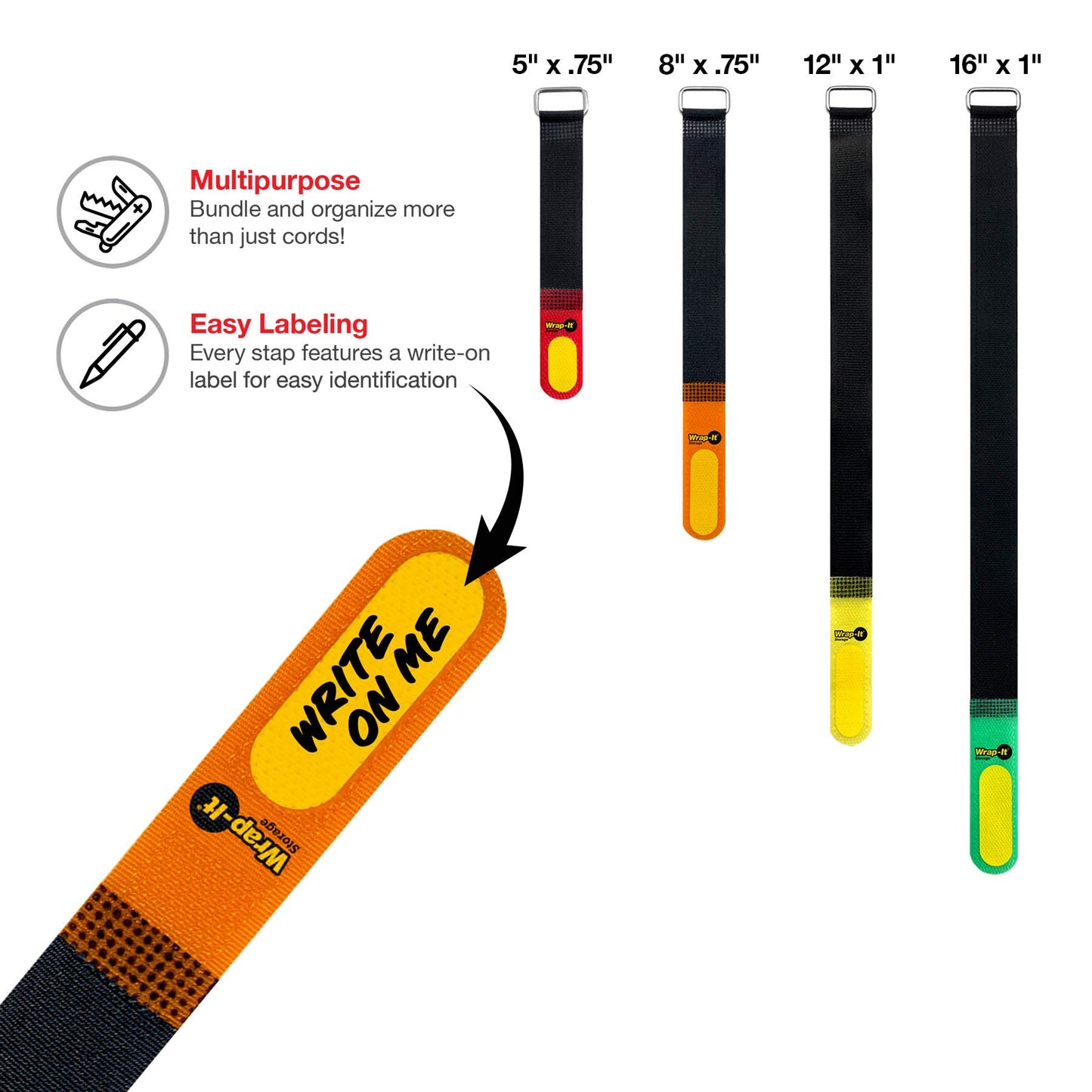 Wrap-It Storage Hook and Loop Cinch-Straps (Assorted 16 Pack) with Write on Label for Easy Cord Identification and Cable Management, Reusable