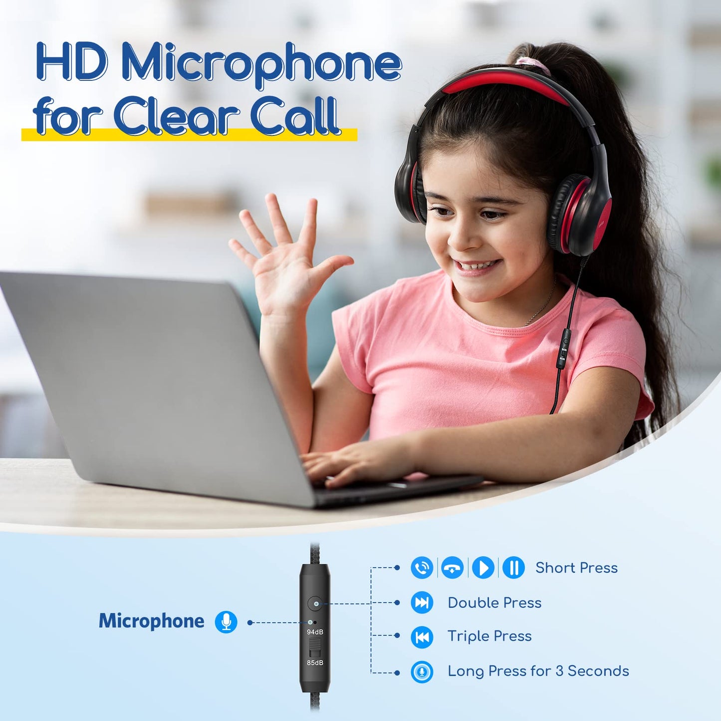 EarFun K1 Kids Headphones Wired with Microphone, 85/94dB Volume Limit Headphones for Kids, Portable Wired Headphone with Shareport, Stereo Sound
