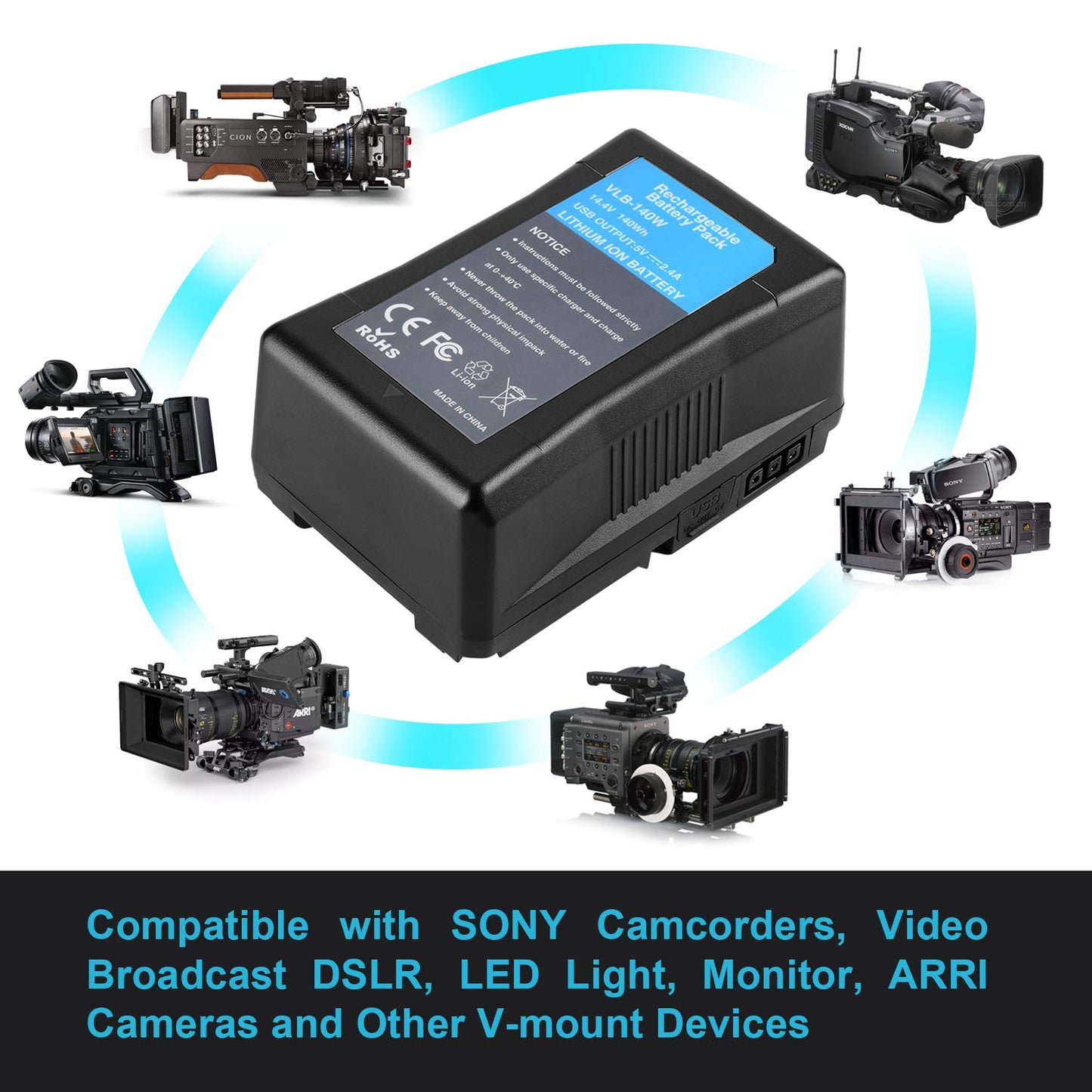 KUNLUN 140Wh 10000mAh V Mount Battery Compatible for Sony Video Digital Camcorders Broadcast LED Light ARRI Cameras Replacement Brick for DSLR V-Lock