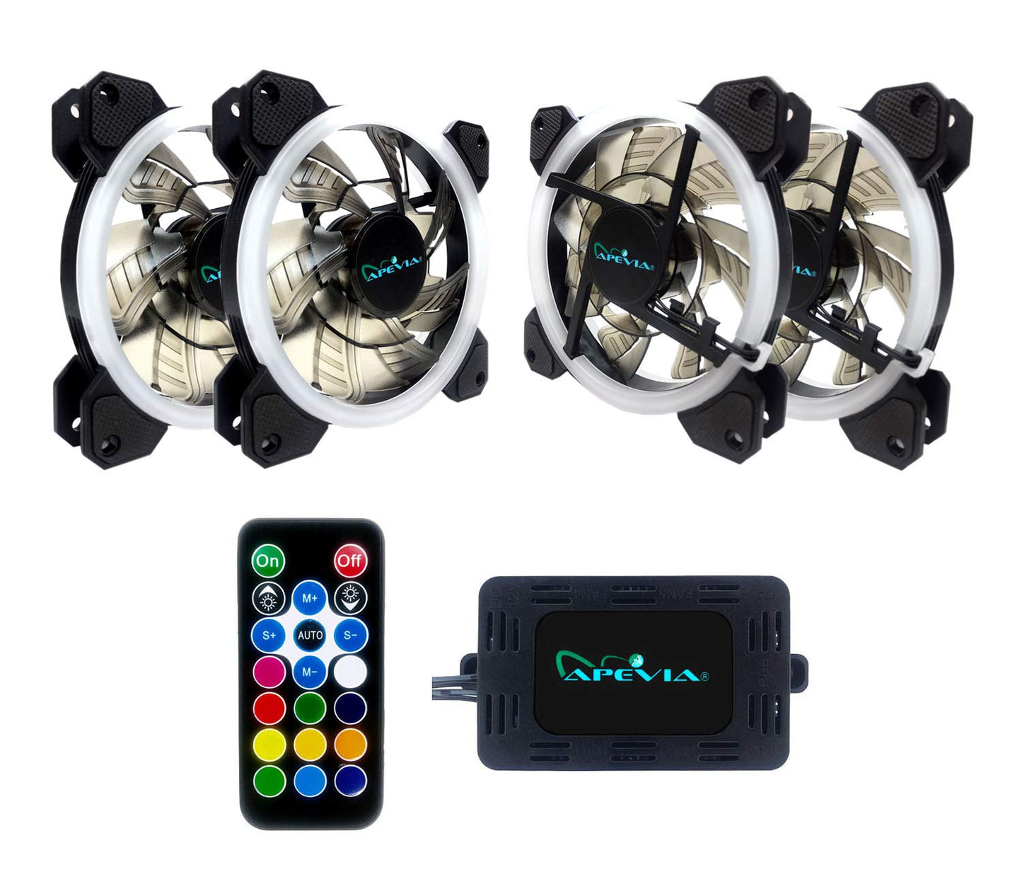 Apevia ST4-RGB Spectra 120mm Silent Dual Ring RGB Color Changing LED Fan for Gaming with Remote Control, 16x LEDs & 8X Anti-Vibration Rubber Pads