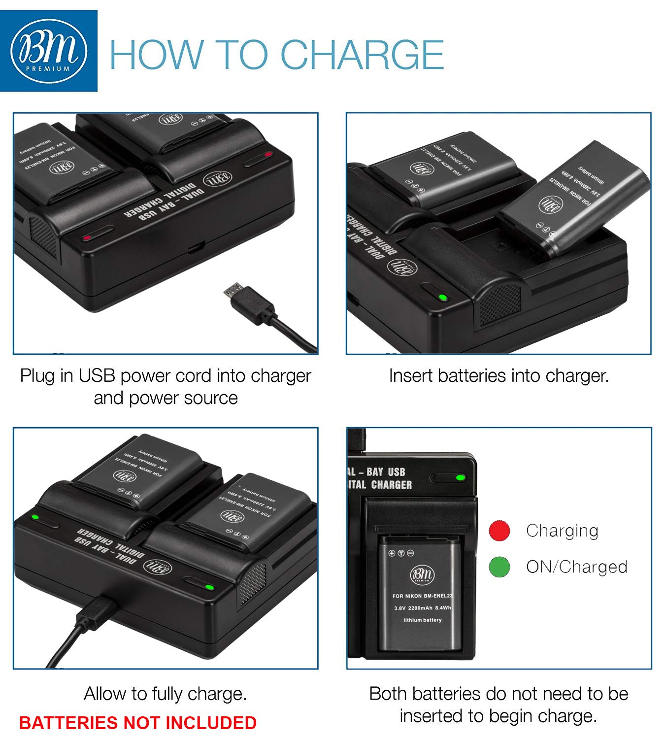 BM Premium EN-EL23 USB Dual Battery Charger for Nikon Coolpix B700, P900, P600, P610, S810c Digital Camera (MH-67P Replacement)