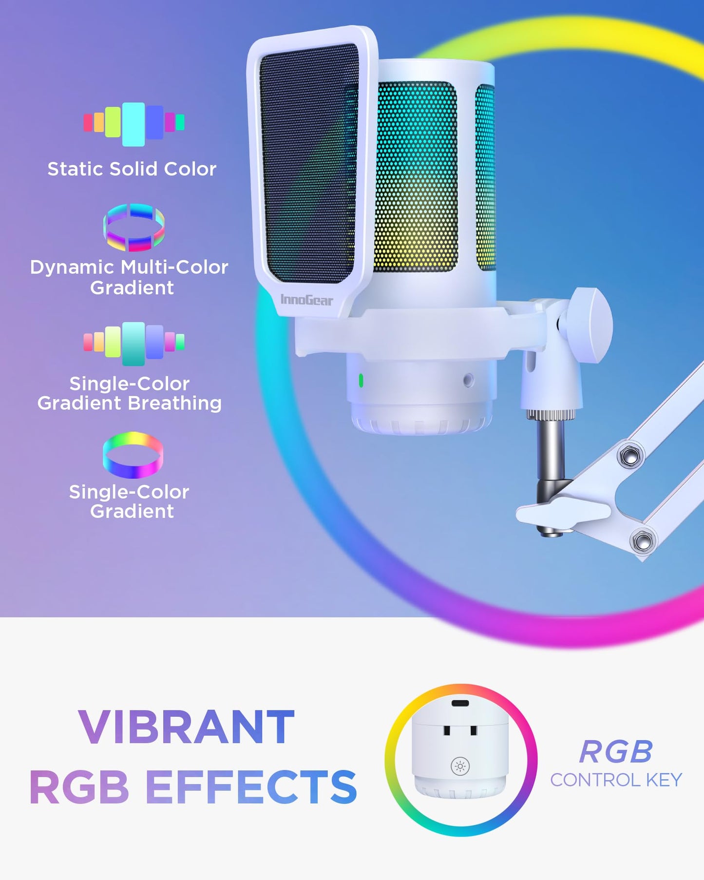 InnoGear Gaming USB Microphone, Noise Cancellation Condenser Mic with Mute, Gain, RGB Indicator, Boom Arm Stand for Streaming, Podcast, Twitch
