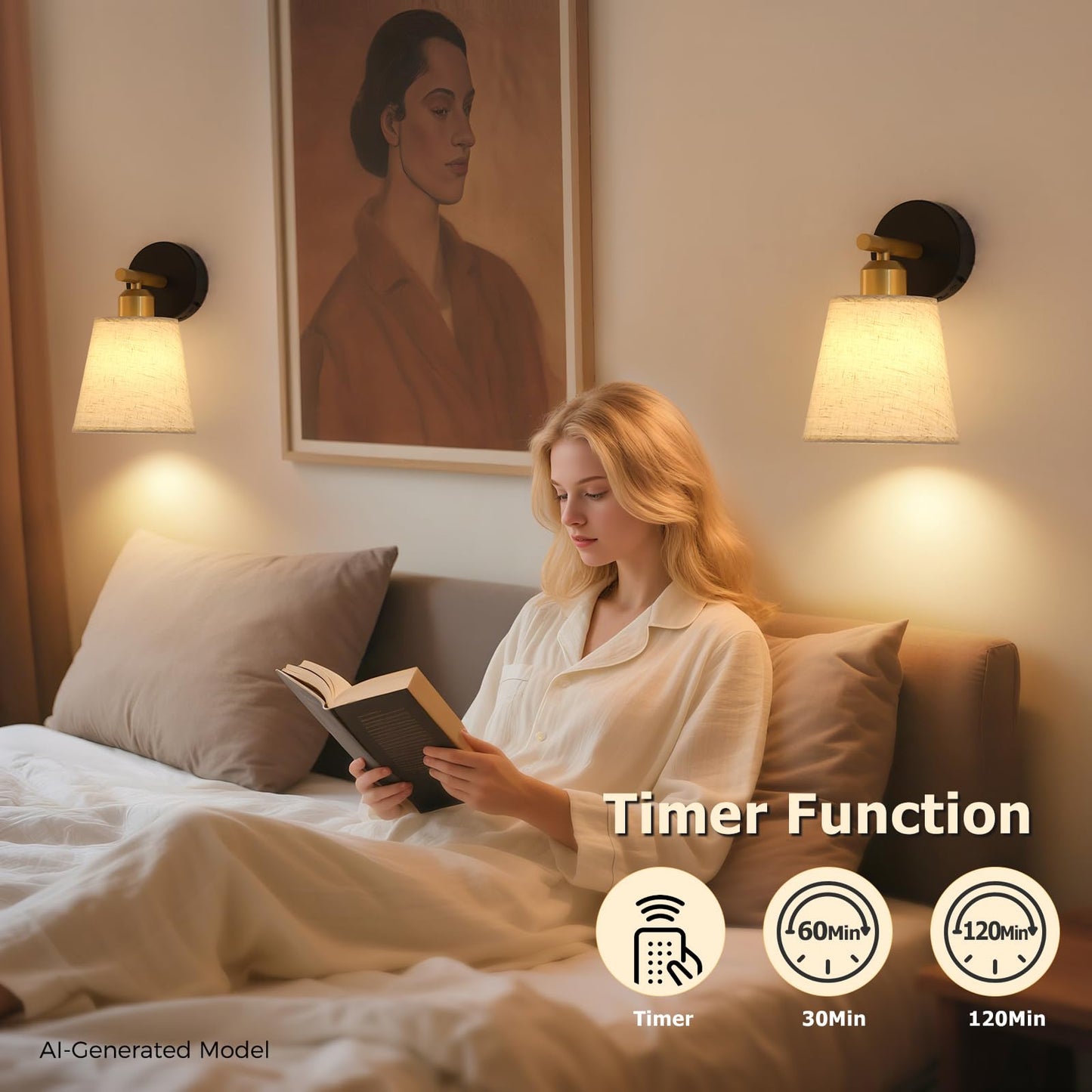 JOOSENLUX Battery Operated Wall Sconce Set of 2 with Fabric Shade - Rechargeable Cordless Wall Lamps, Remote Control, Dimmable LED, Black and Gold