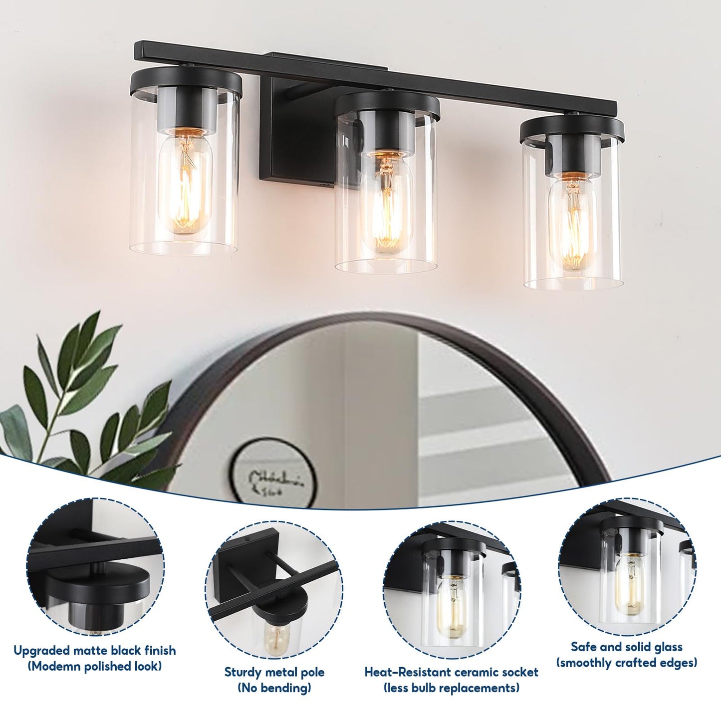 Kiloeye 20in Bathroom Light Fixture Over Mirror, 3-Light Matte Black Vanity Lights with Clear Glass Shades, Modern Wall Sconces for Living Room
