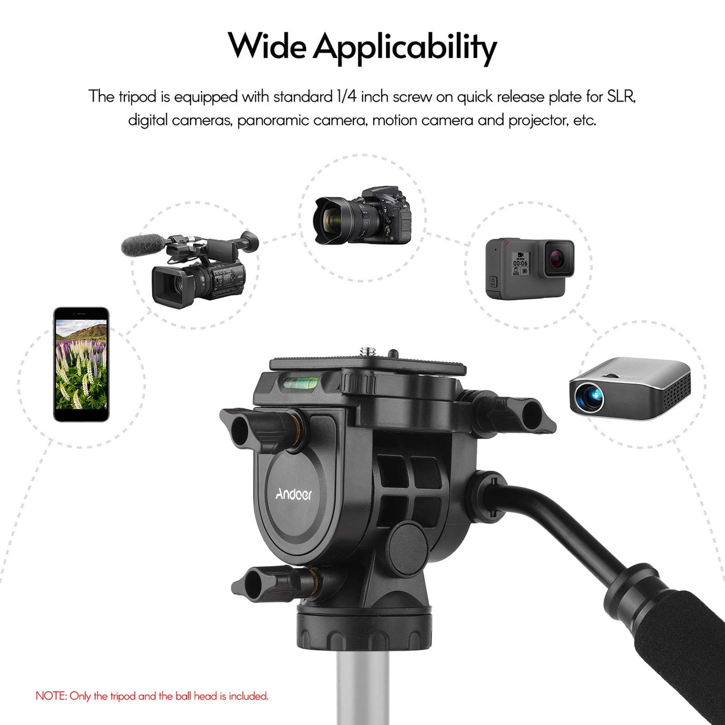 Andoer Fluid Ball Head Panoramic 360° Rotation Ball Head Max. Load 5kg/11 lbs with Handle for 1/4 inch Screw Camera Camcorder and 3/8 inch Monopod