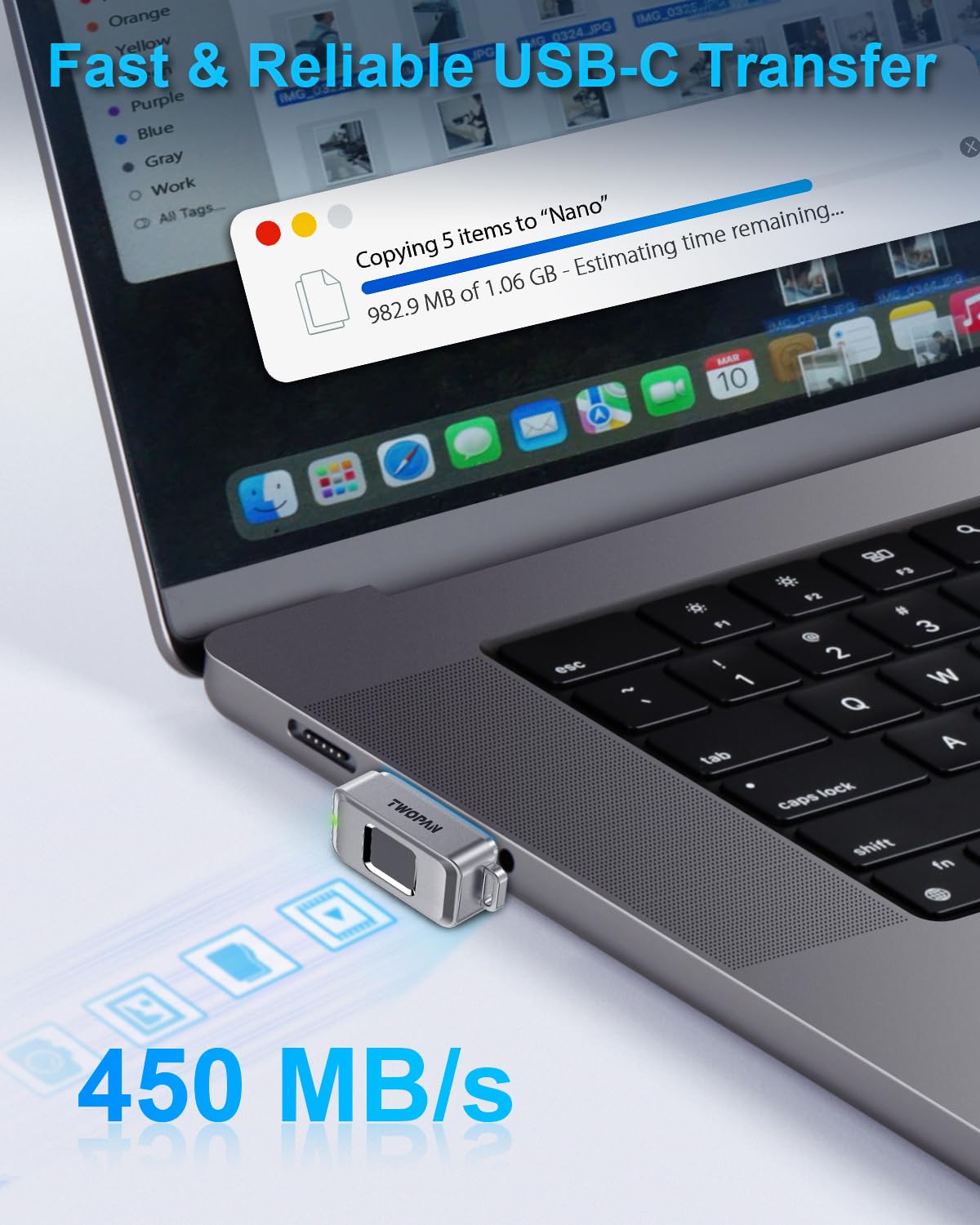 TWOPAN Nano SSD 256GB, USB-C External SSD Storage Hard Drive with Fingerprint Lock, Compatible with iPhone 17/16/15, MacBook, iPad, Steam Deck, PS5