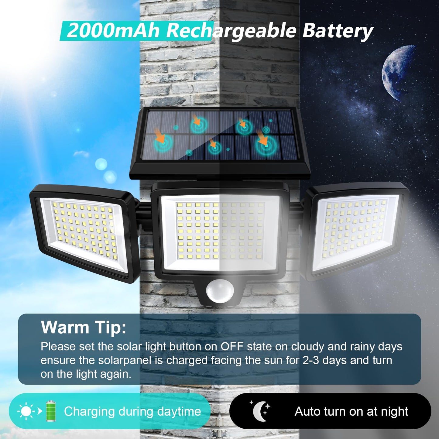 Tuffenough Solar Outdoor Lights 2500LM 210 LED Security Lights with Remote Control,3 Heads Motion Sensor Lights, IP65 Waterproof,270° Wide Angle Flood