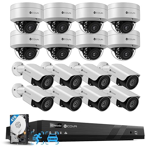 4COVR PoE 16 Camera Security System for Business, AI Human Vehicle Detection, 8 Dome IK10 Vandal-Proof 8 Bullet 5MP Wired IP Camera IP67, Remote