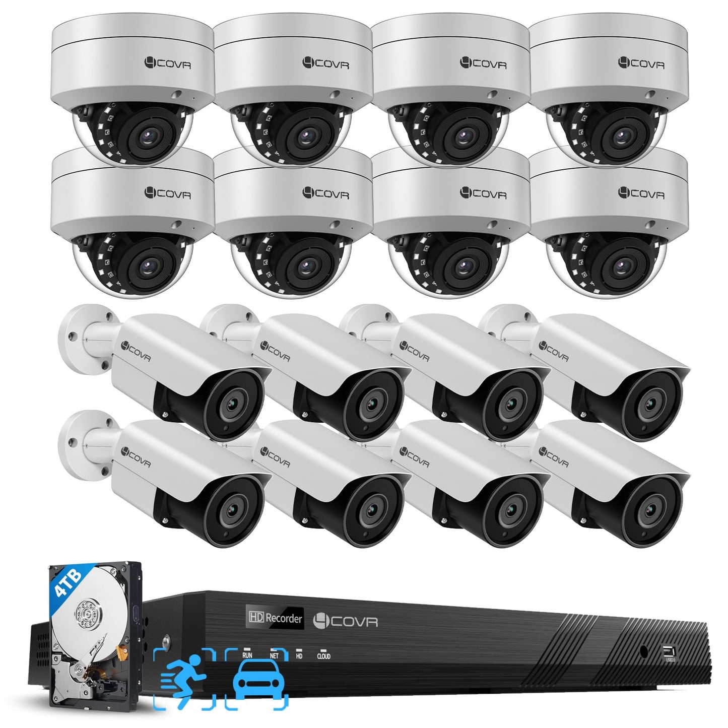 4COVR PoE 16 Camera Security System for Business, AI Human Vehicle Detection, 8 Dome IK10 Vandal-Proof 8 Bullet 5MP Wired IP Camera IP67, Remote