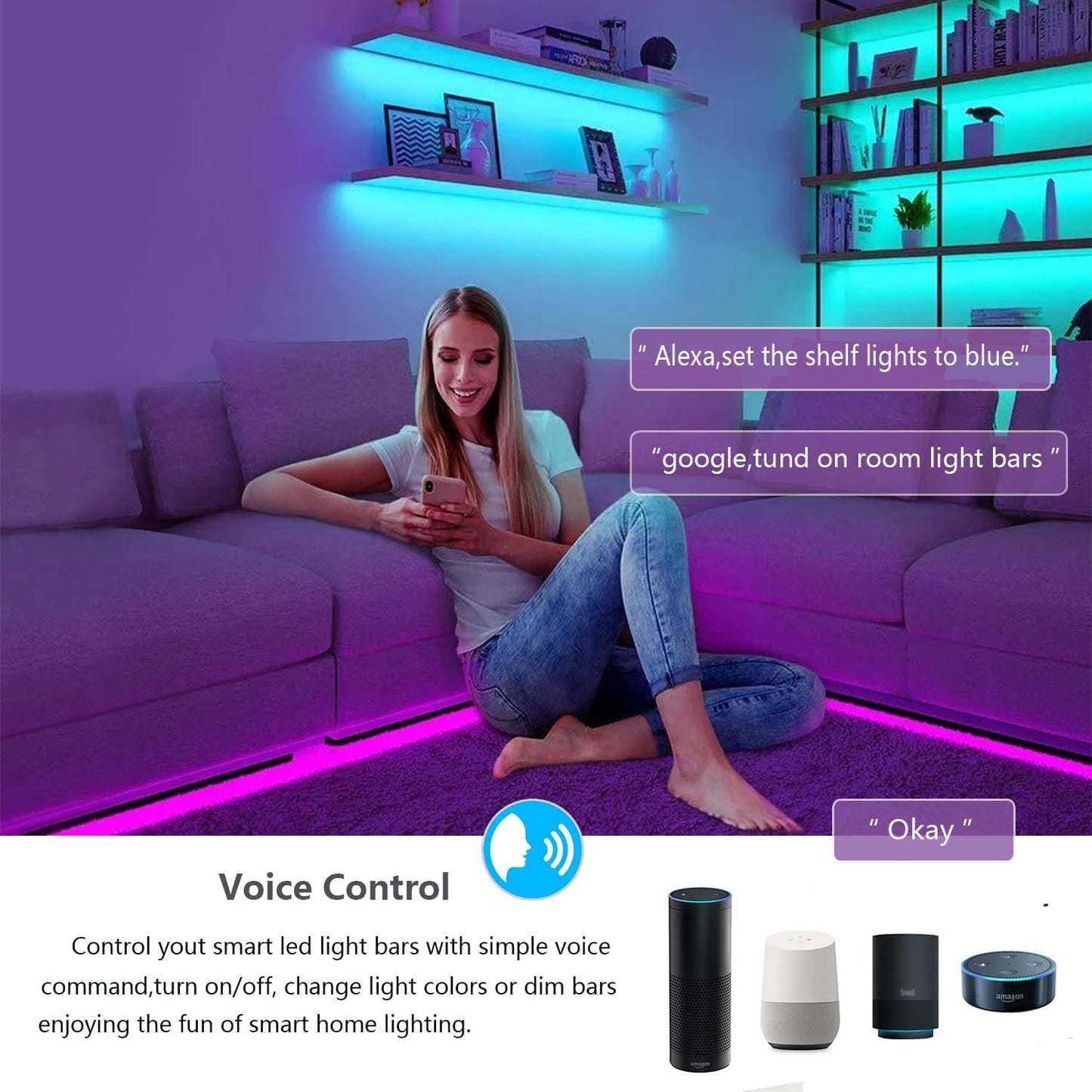 Smart Under Cabinet Lighting with Remote,RGB Cabinet Lights,Color Changing LED Strip Lights for PC,Kitchen Under Counter Lighting Plug in,Shelf