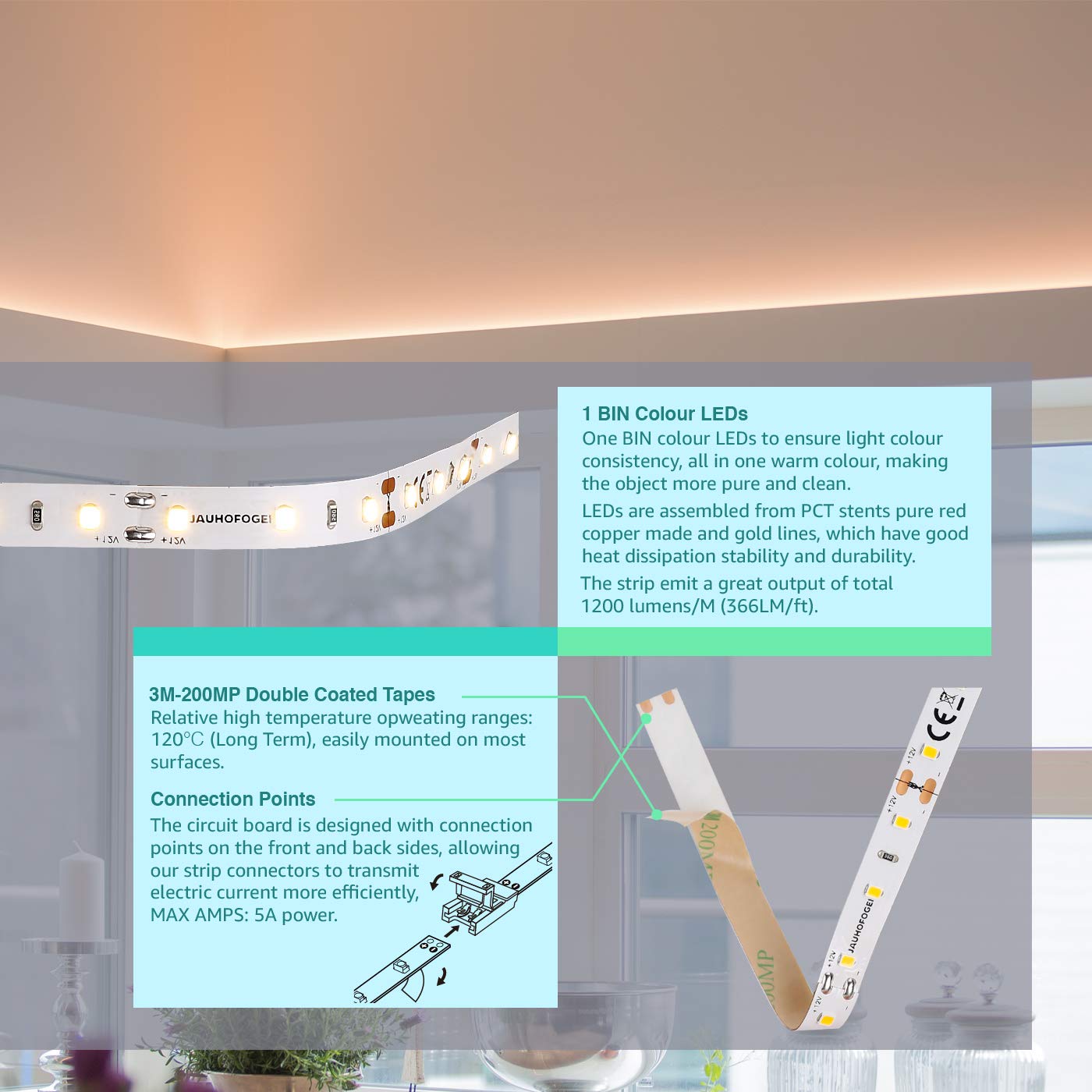 JAUHOFOGEI Warm White LED Strip Lights 12V Cuttable, Flexible Sticky Tape Light for Home Accent Lighting, Kitchen Cabinet Shelves Lighting, Bedroom