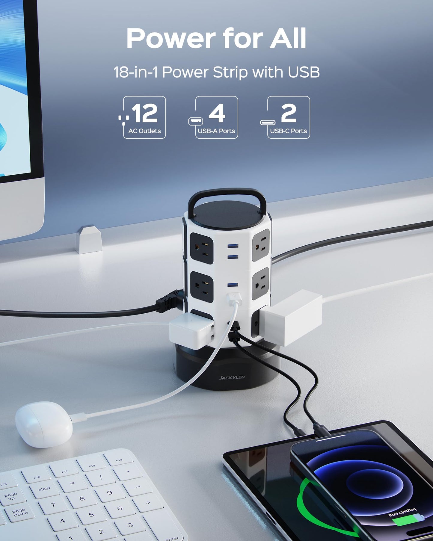 Power Strip Tower Surge Protector, JACKYLED 12 Outlets 6 USB (2 USB C) Charging Station, Extension Cord with Multiple Outlets, 1050J 1625W/13A Outlet