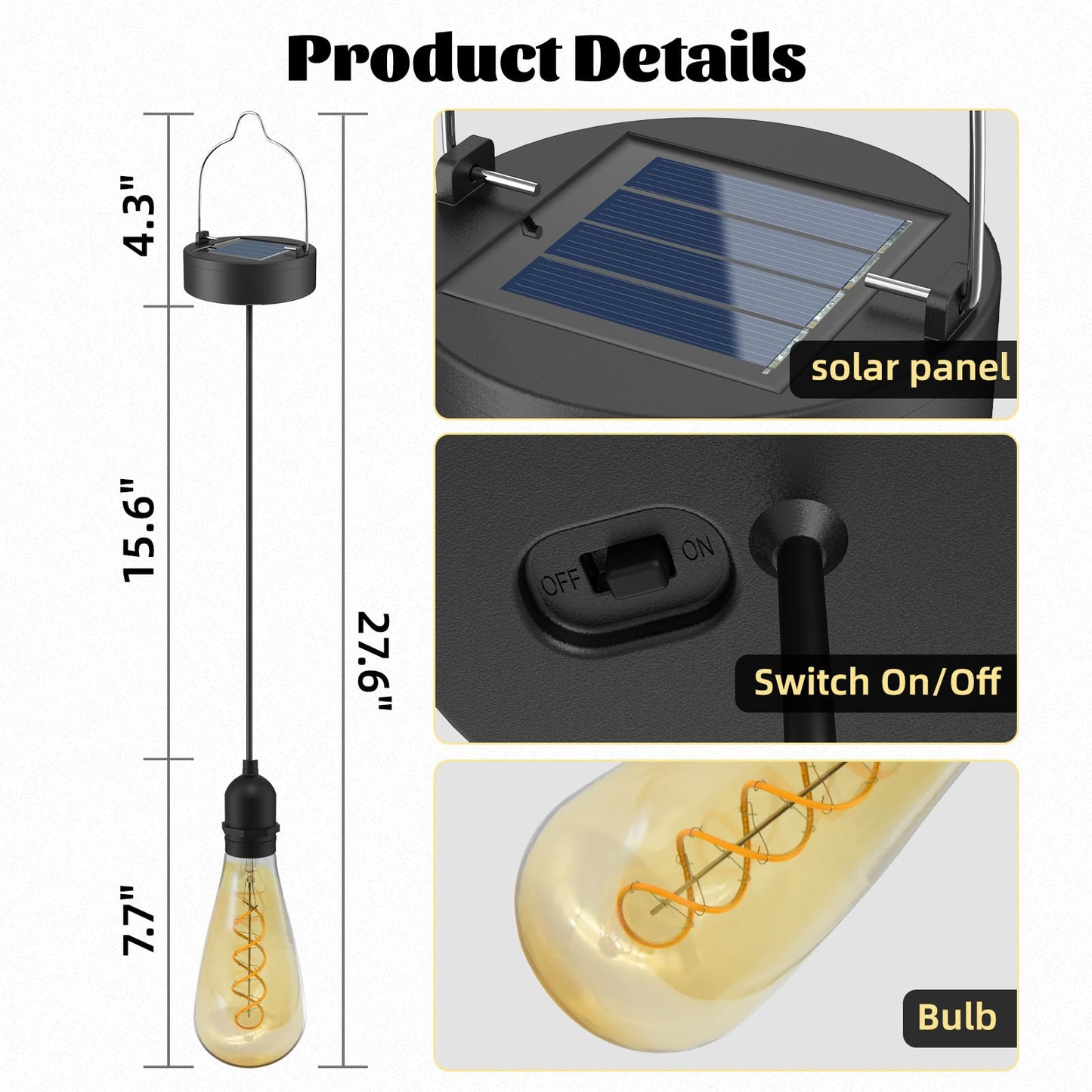 Solar-Powered Edison Hanging Lanterns - Vintage Amber Glass, IP65 Waterproof, Warm White 8-12H Outdoor Lighting for Patio & Garden