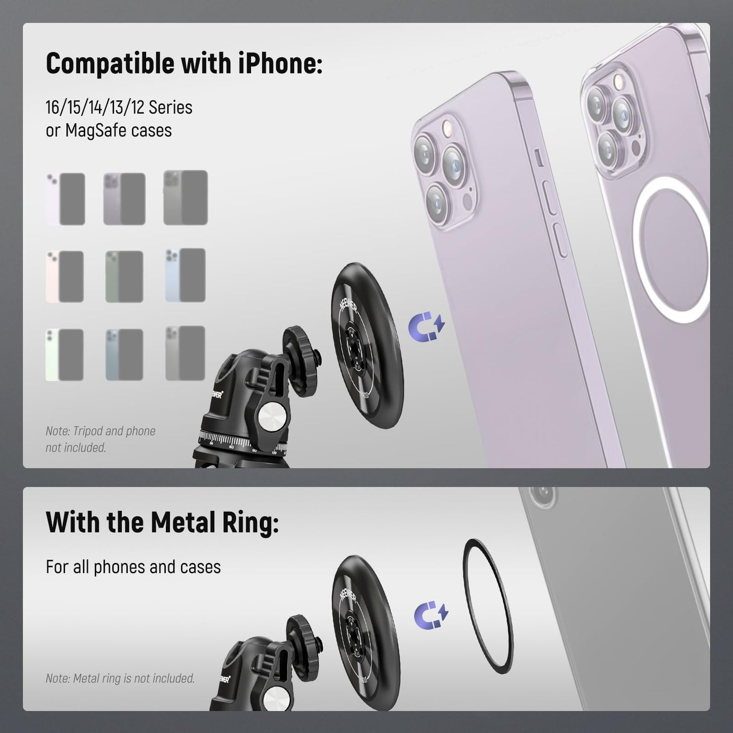 Neewer Magnetic Phone Tripod Mount Adapter with Adhesive Magnetic Ring 2 Pack Compatible with MagSafe iPhone 16 15 Pro Max Plus 14 13 12, 1/4" Thread