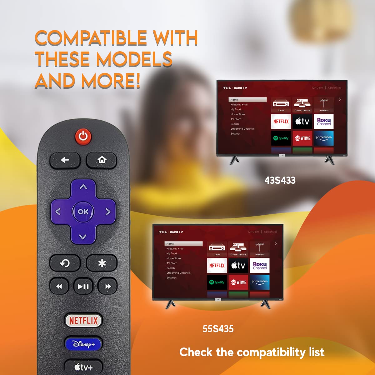 Ceybo OEM 21001-00071 Remote Control for TCL Roku TV Includes Netflix, Disney+, Apple TV & HBOMax Shortcuts 32S327, 32S335, 43S433, 43S435, 50S435