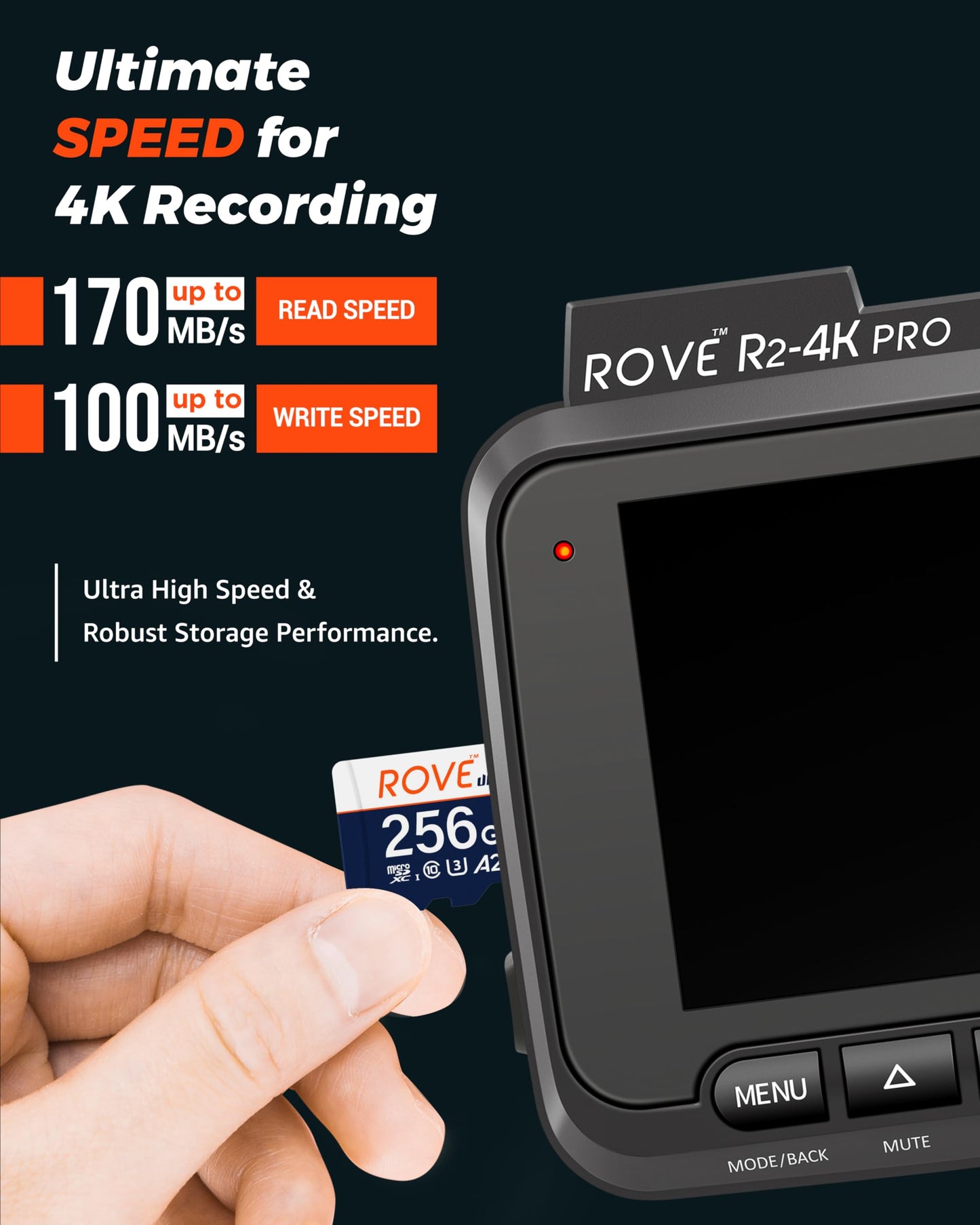 ROVE Ultimate Micro SD Card microSDXC 256GB Memory Card with USB 3.2 Type C Card Reader 170MB/s C10, U3, V30, 4K, A2 for Dash Cam, Android Smart