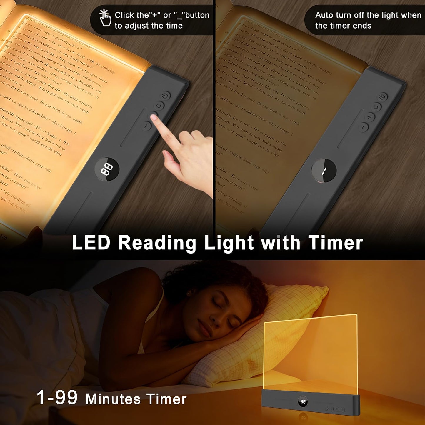 TFFUAM LED Book Light and Night Light 2 in 1, USB Rechargeable Clear Flat Book Light with 3 Colors & Timer, Dimmable Book Lights for Reading at Night