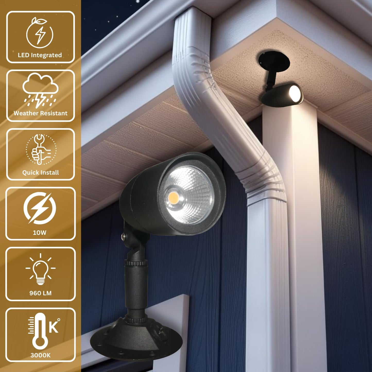 HOMEnhancements LED Outdoor Single Bullet Flood Light, 10W Hardwired Spotlight, Waterproof Security Light for Yard, Patio & Landscape, 3000K Warm