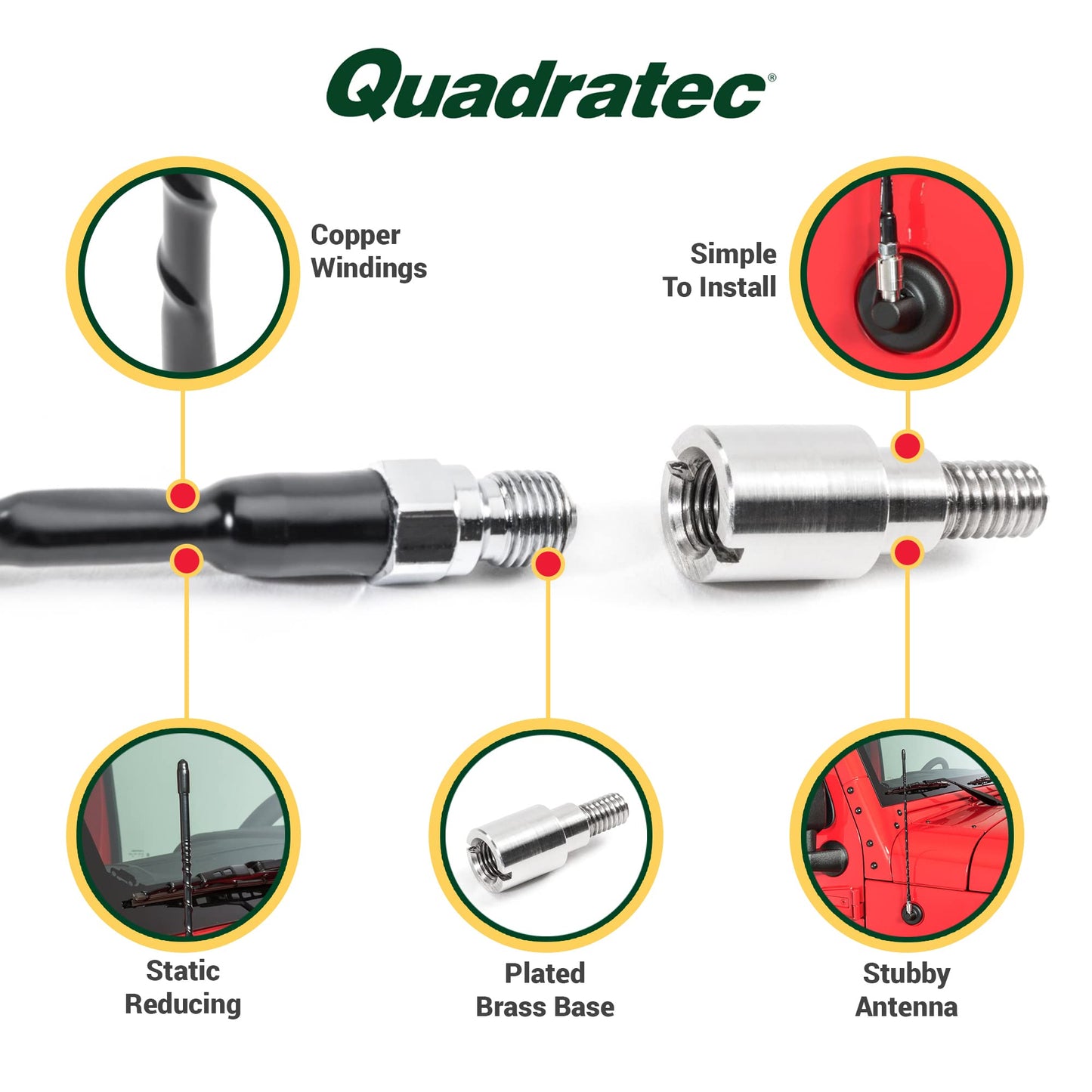 Quadratec 16" Hi Performance AM/FM Stubby Antenna - Fits Jeep Gladiator JT, Wrangler JK, JL, JKU, & JLU 2007-2023 - No Tool Installation