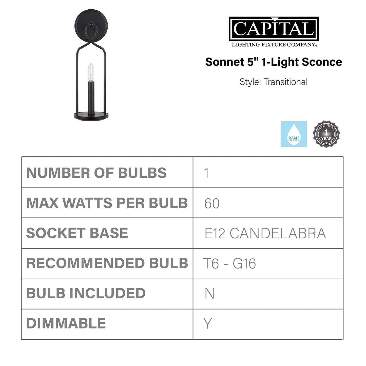 Capital Lighting 631611MB Sonnet Bold Colonial Candlelight Wall Sconce, 1-Light 60 Watt, 16" H x 5" W, Matte Black