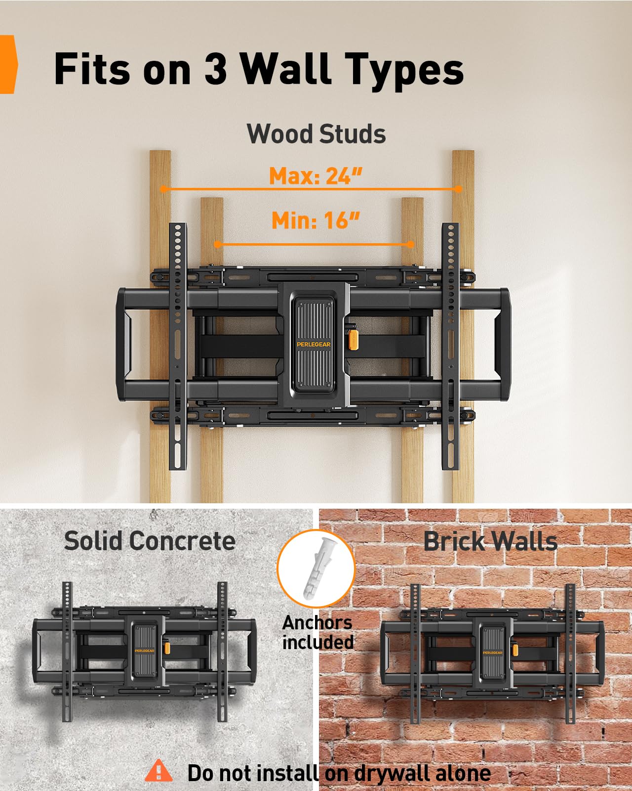 Perlegear Full Motion TV Wall Mount for 42-97 inch TVs up to 132 lbs, Preassembled and Telescopic Design for Easy Setup, Swivel, Tilt and Extension