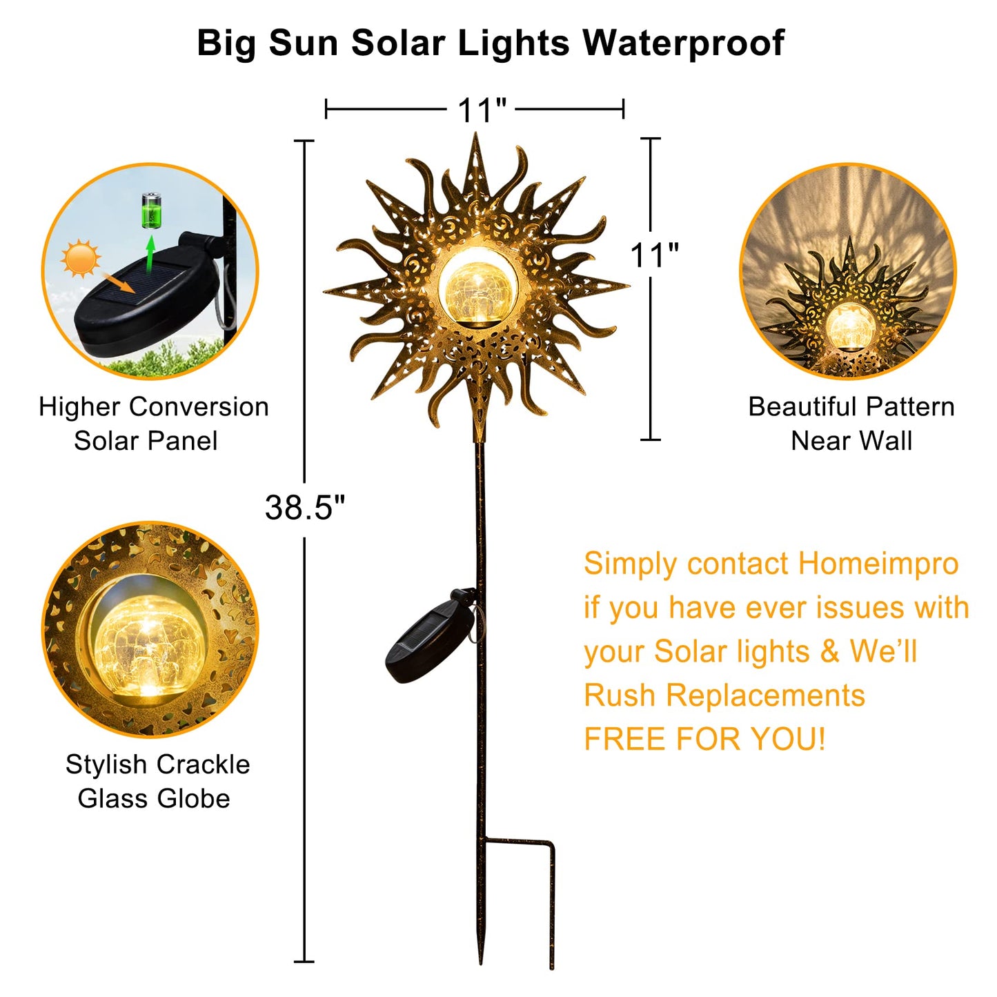 HOMEIMPRO Large Sun Solar Garden Decor Lights Outdoor Garden Gifts Mom Dad, Crackle Glass Metal Stake Backyard Decor, Waterproof LED Lights for Lawn