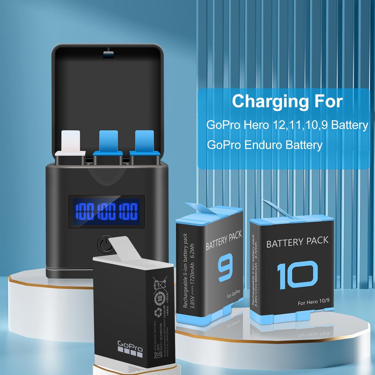 Suptig Battery Charger Compatible for GoPro Enduro Battery, Hero 12, Hero 11, Hero 10, Hero 9 Battery, 3-Channel Battery Charger Station for Gopro