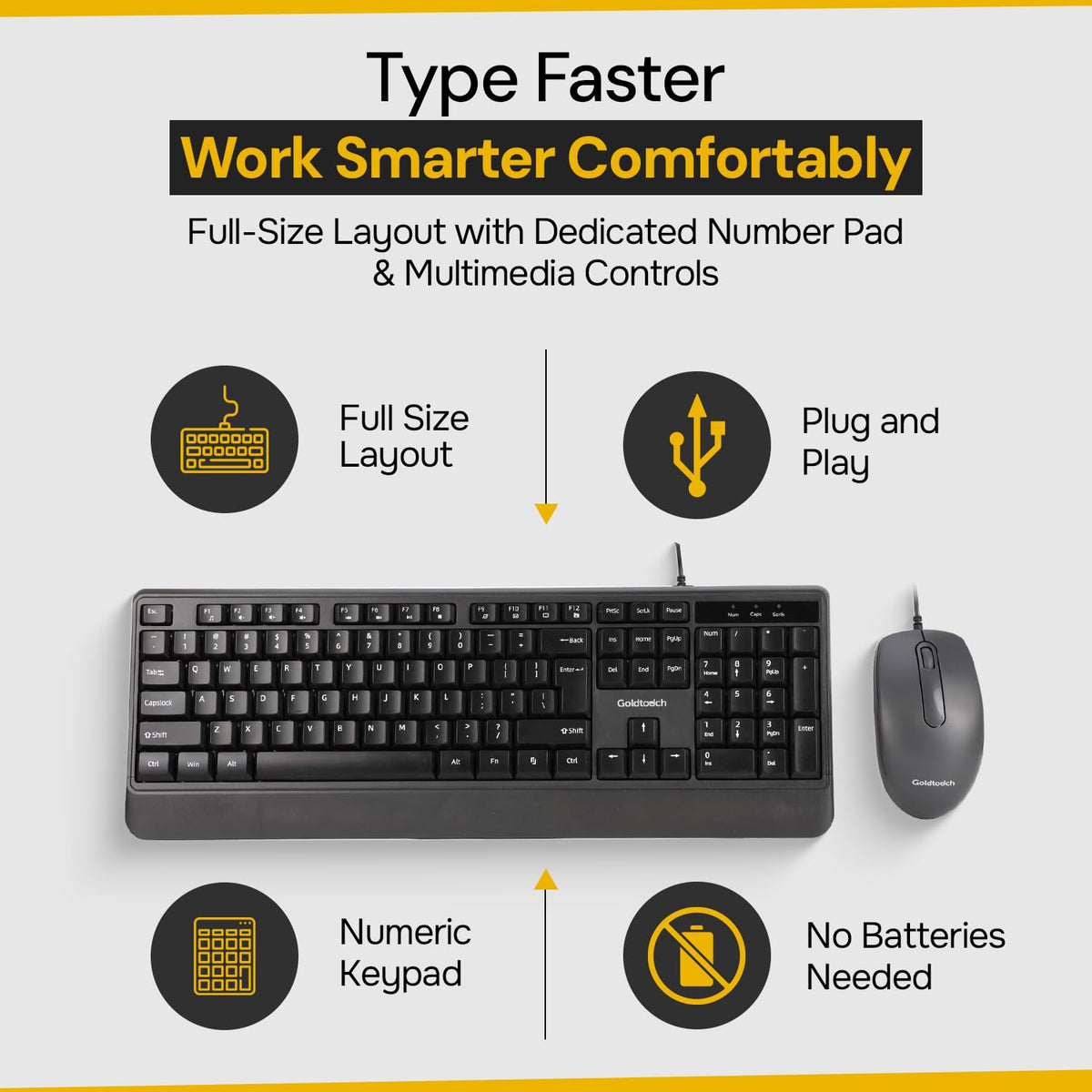 Goldtouch Wired Keyboard and Mouse Combo, USB, Full Size, Black