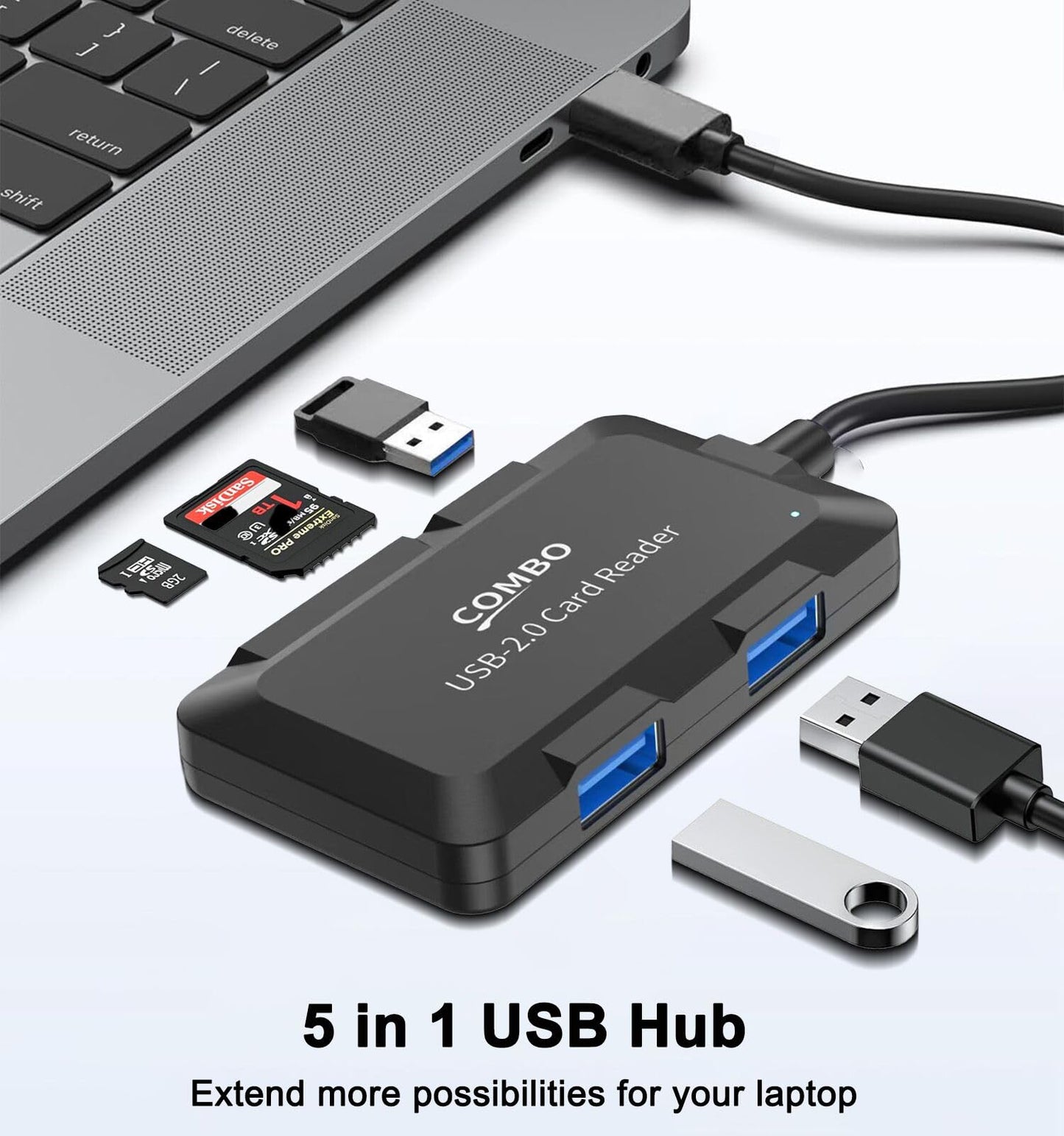 5 in 1 USB Hub with SD/TF Card Reader, USB Extender with 3 USB-A Ports for Laptop, PC, Desktop, Mouse, Keyboard, Projector and More(Black/3.3FT Cable)