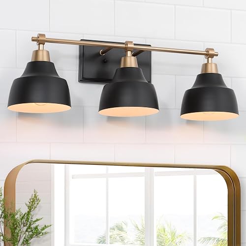 GEPOW Bathroom Wall Light Fixtures, 3-Light Black Gold Vanity Light, Modern Farmhouse Wall Lamp Over Mirror for Hallway, Bedroom, Kitchen, and Living