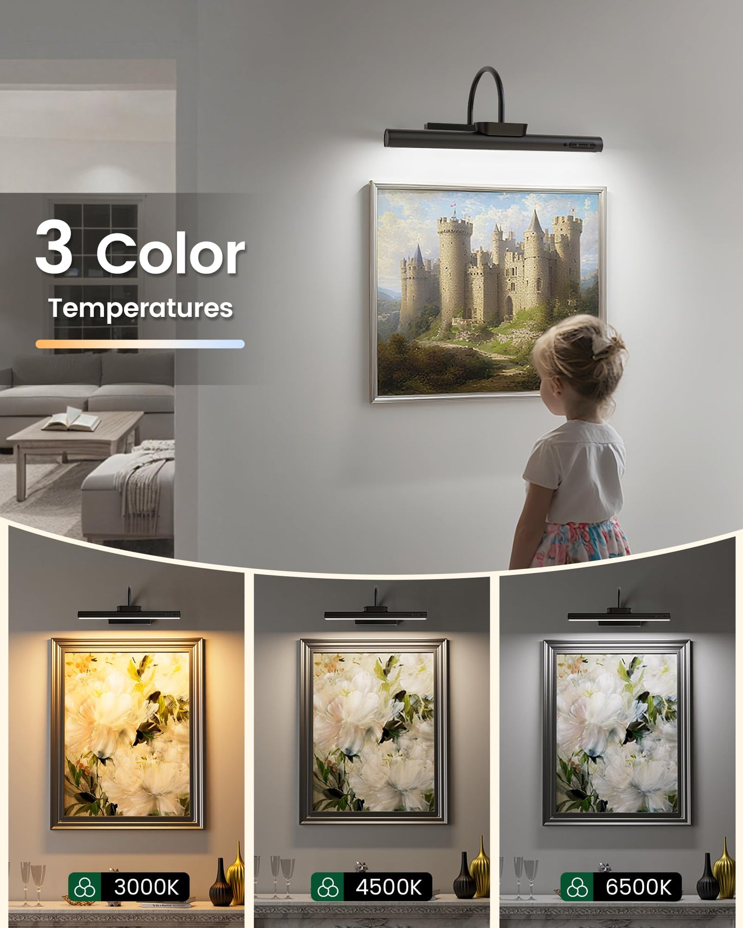 Bridika Picture Light Battery Operated, 19.7in Picture Lights for Wall, 3 Colors & Brightness Dimmable, Rechargeable Art Light for Paintings Photo