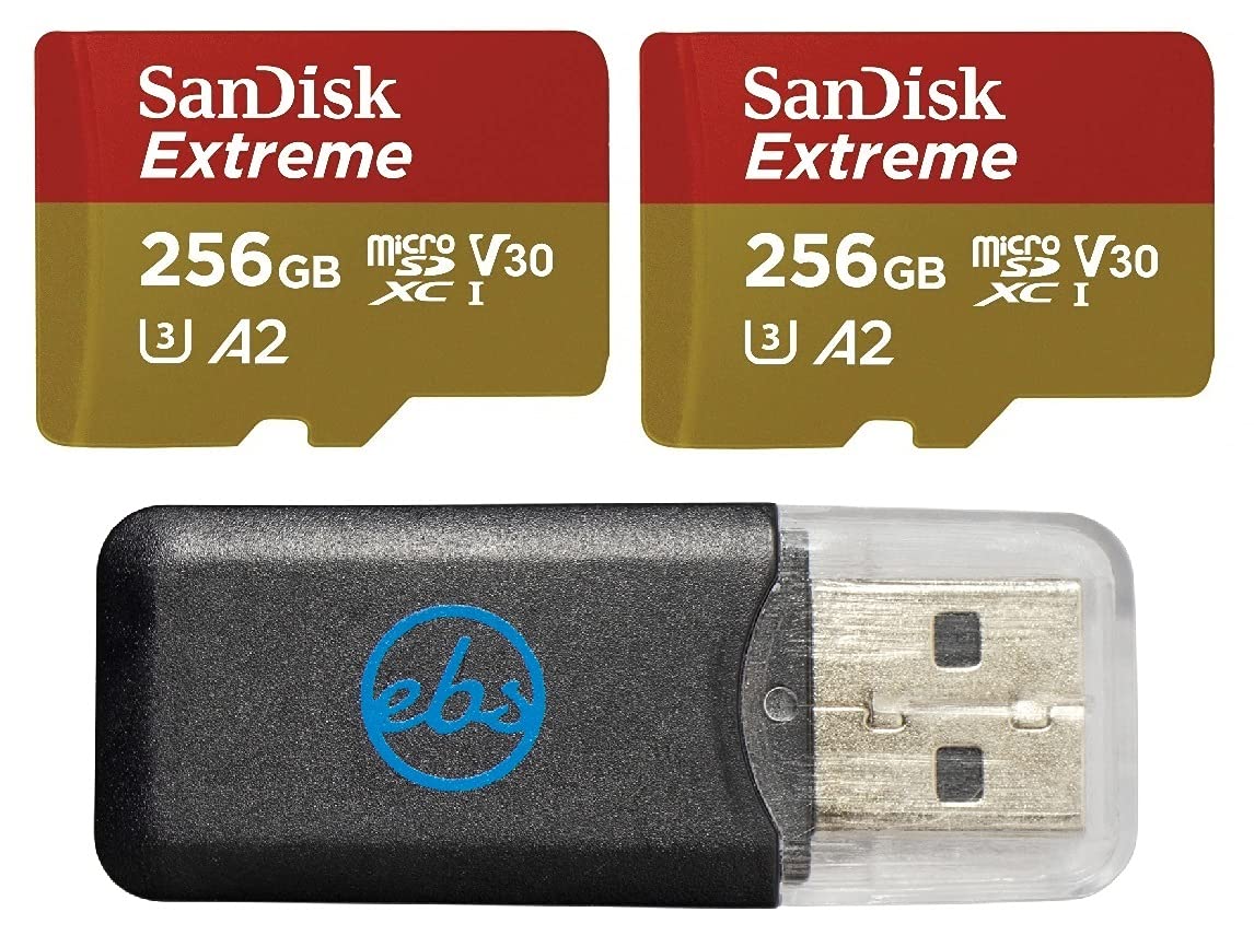 SanDisk Extreme 256GB MicroSD Memory Card (2 Pack) Works with DJI Drone Series Mini 4 Pro (SDSQXAV-256G-GN6MN) V30 A2 4K UHD UHS-I Bundle with (1)