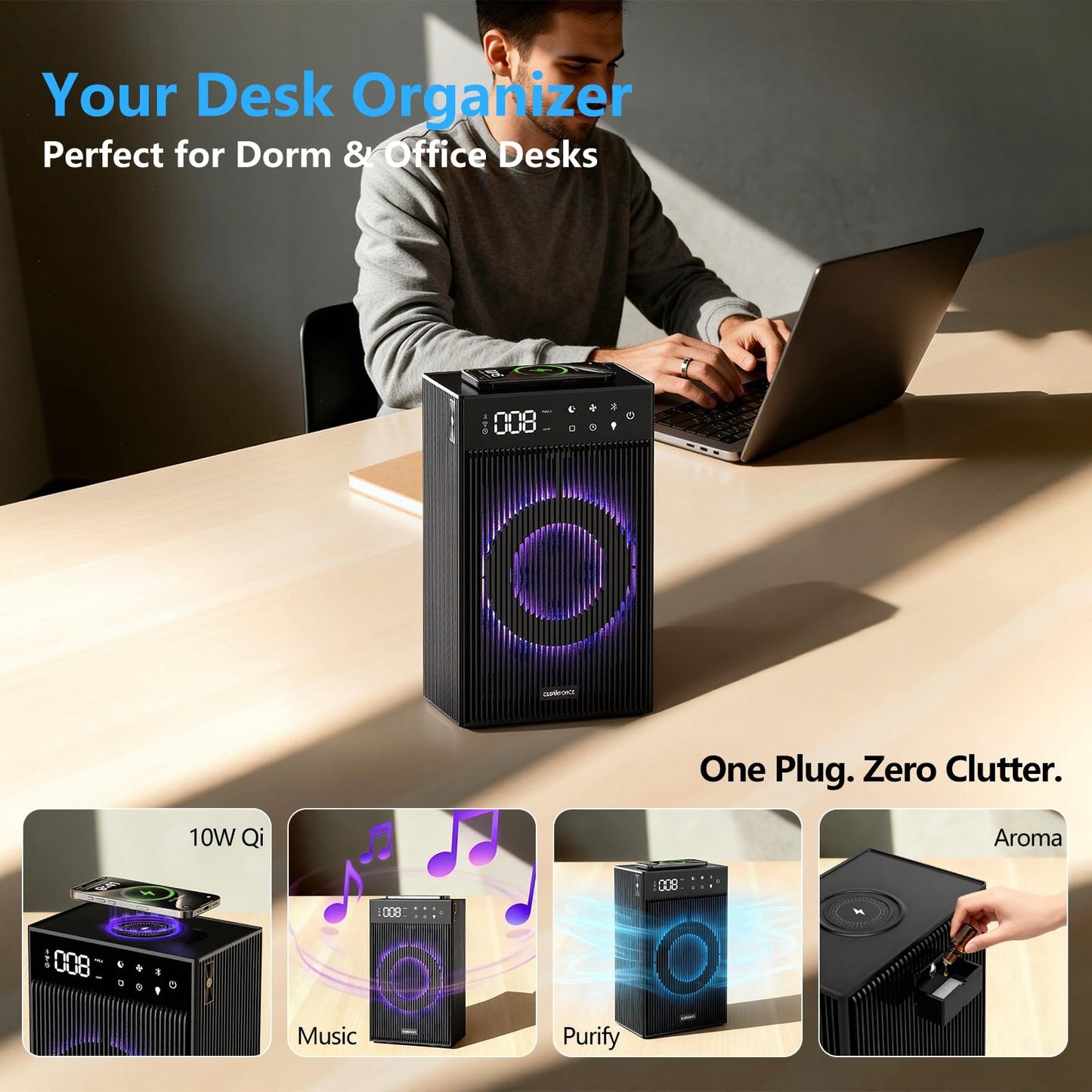 CleanForce Rainbow Cube | World’s First 4-in-1 Space-saving Air Purifier with Bluetooth Speaker, Wireless Charger & Aroma Diffuser | Swiss Tech?over