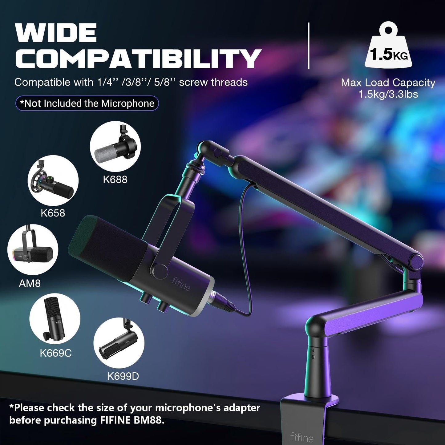 FIFINE Microphone Boom Arm, Low Profile Adjustable Stick Microphone Arm Stand with Desk Mount Clamp, Screw Adapter, Cable Management, for Podcast