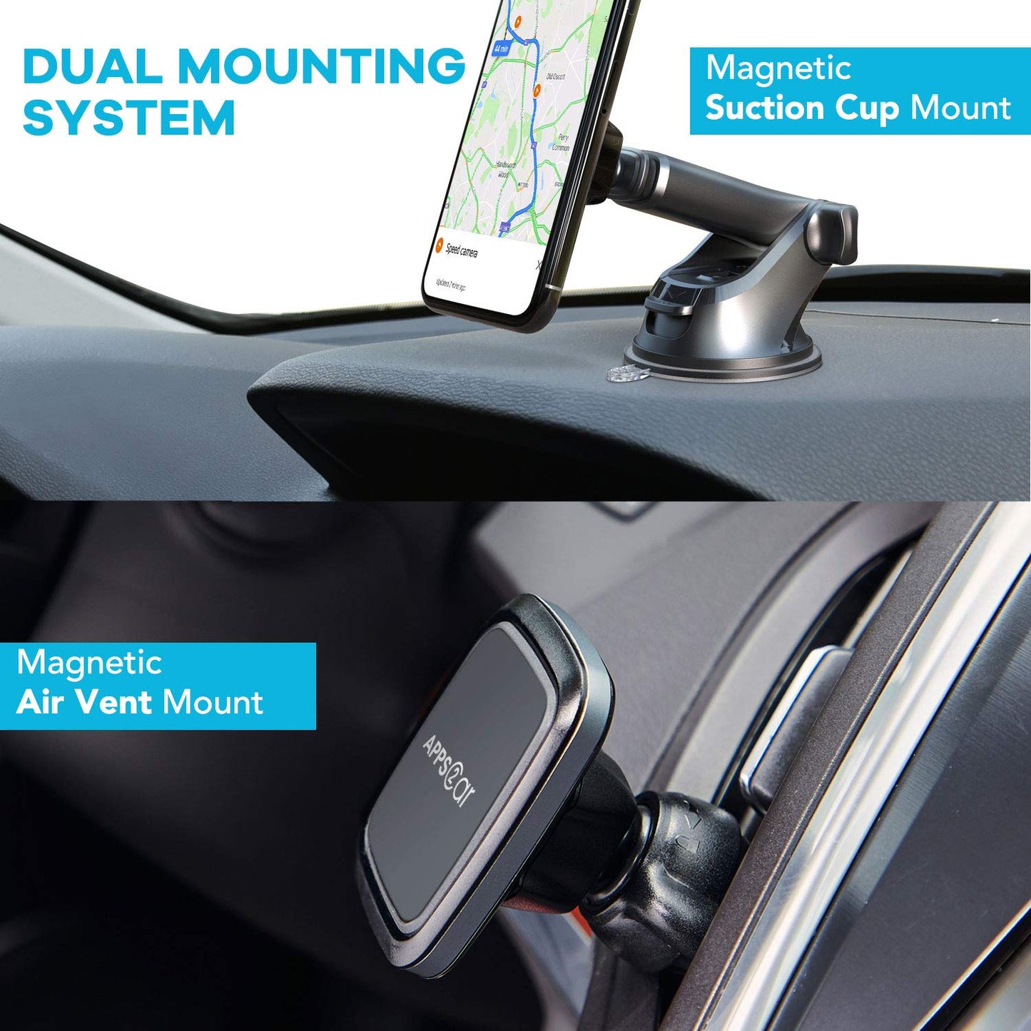 APPS2Car 3-in-1 Car Phone Mount Magnetic Dashboard Windshield Air Vent Mount Phone Holder for Car Universal Car Phone Holder with Powerful Suction Cup